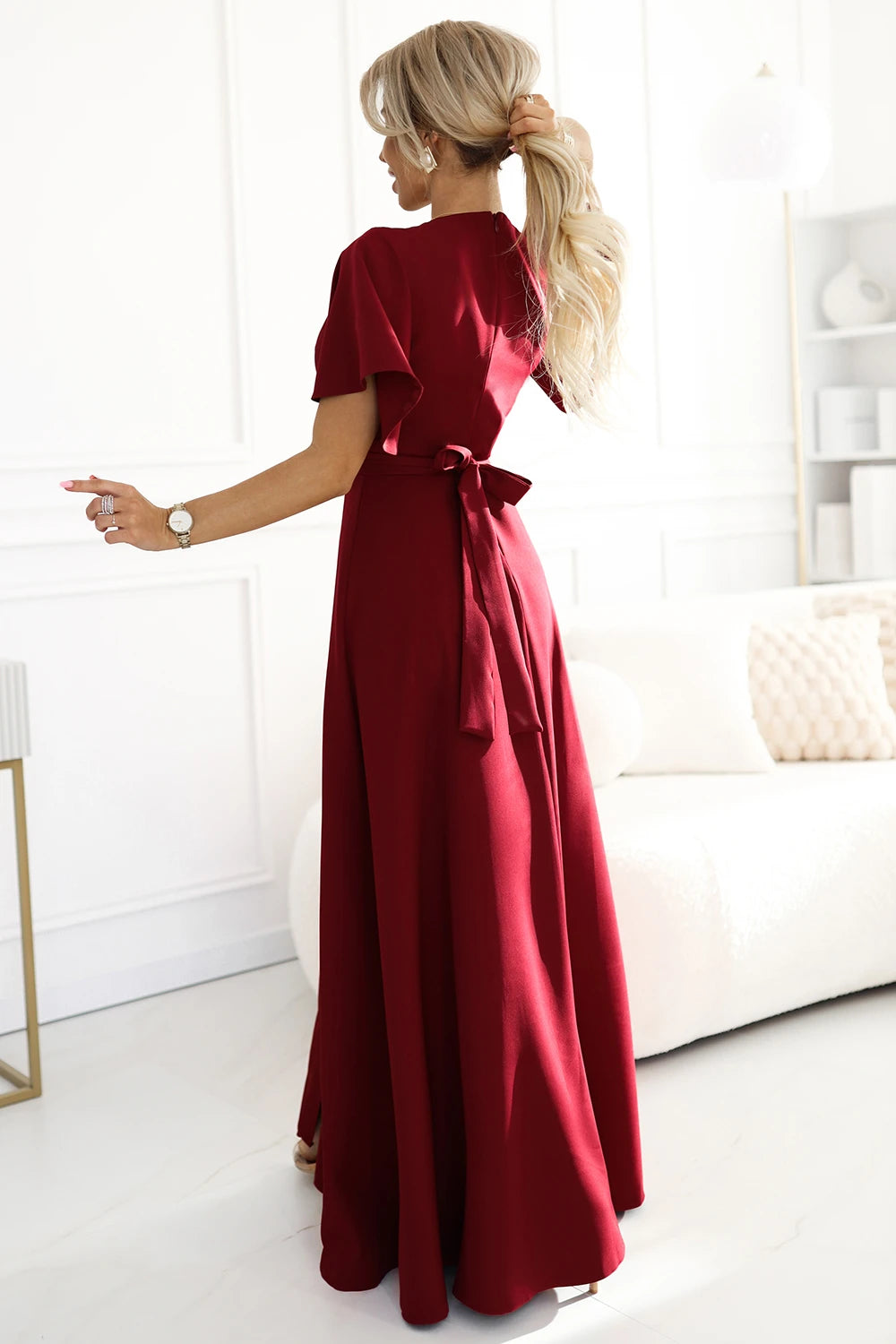 JENNIFER long dress with leg slit, sleeve and neckline – Burgundy Color