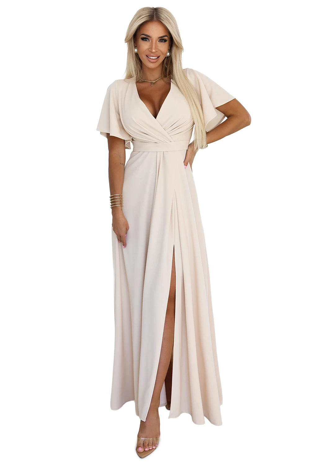 JENNIFER long dress with a leg slit, sleeves and a neckline – Beige