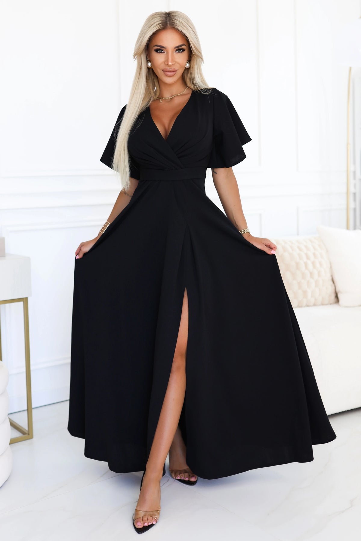 JENNIFER long dress with a leg slit, sleeves and a neckline – Black