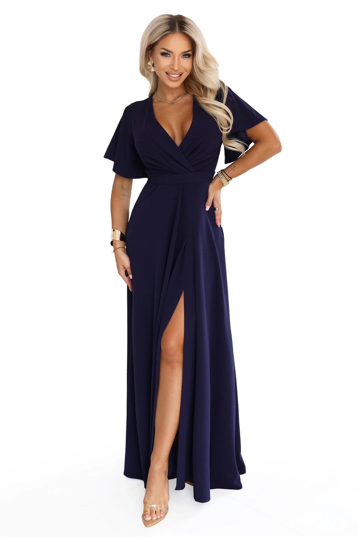JENNIFER Long dress with a leg slit, sleeve and neckline – Navy Blue