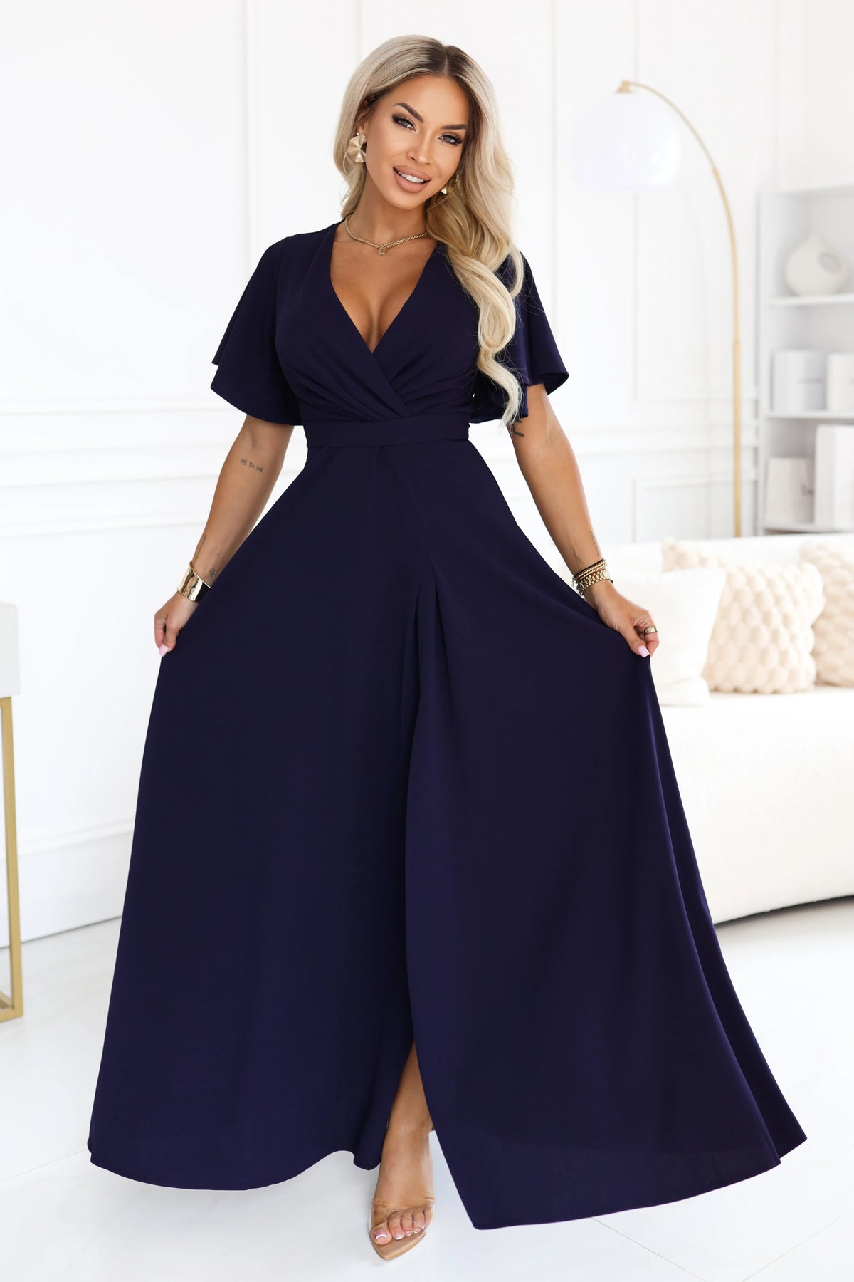 JENNIFER Long dress with a leg slit, sleeve and neckline – Navy Blue