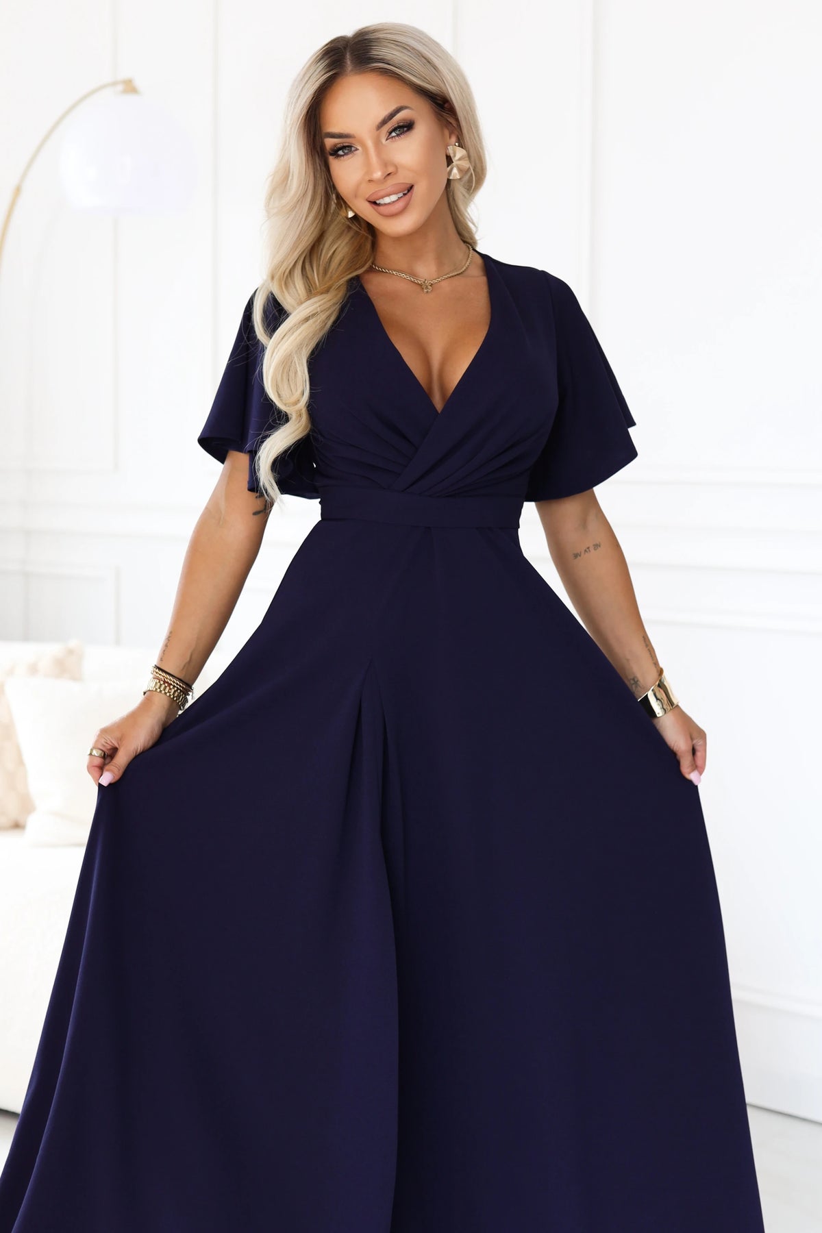 JENNIFER Long dress with a leg slit, sleeve and neckline – Navy Blue