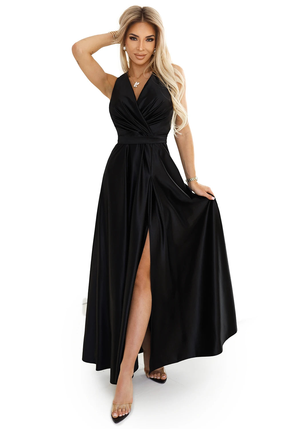 MONIQUE long exclusive satin dress with neckline and leg slit – Black