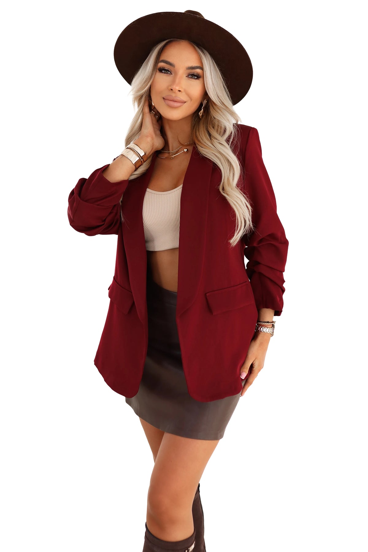 Women's classic jacket with draped sleeves – Burgundy