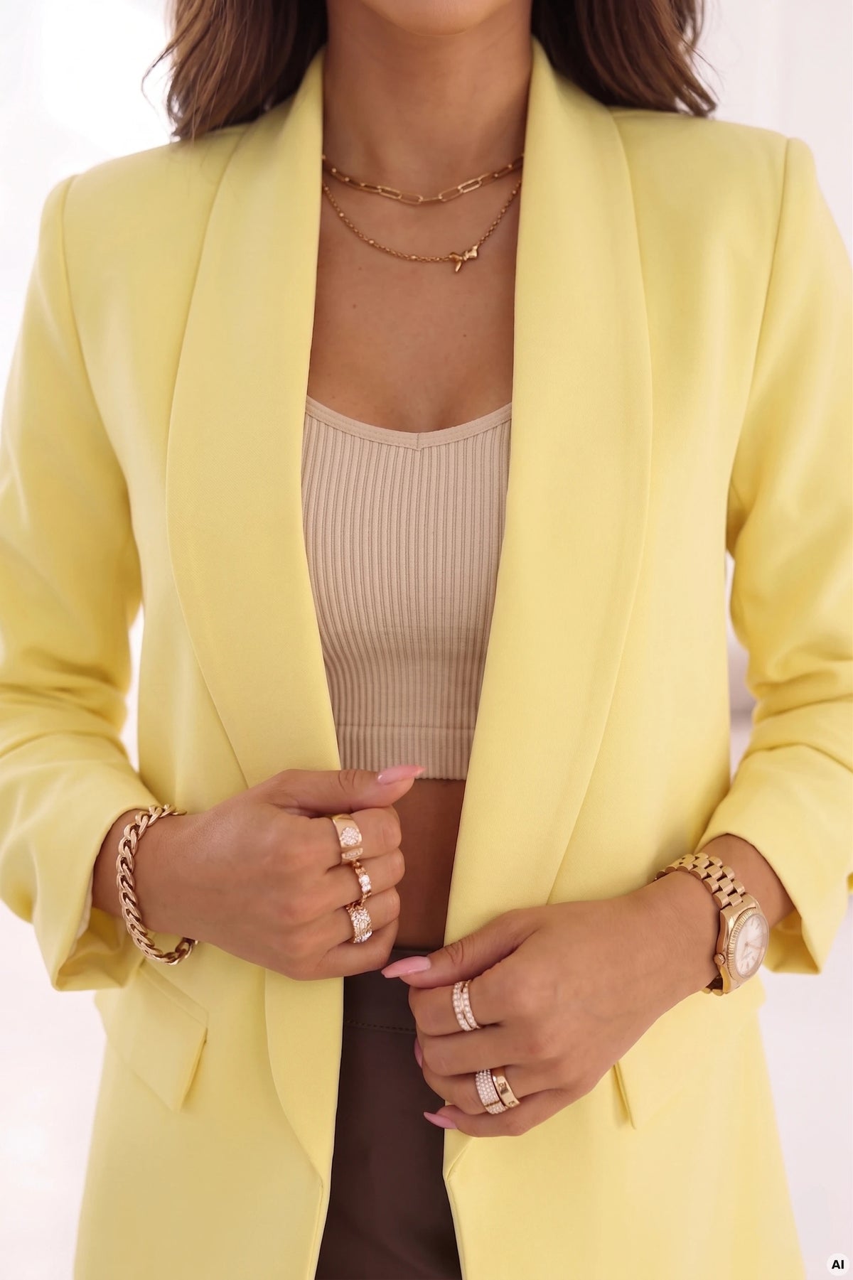 Women's classic blazer with draped sleeves – Yellow