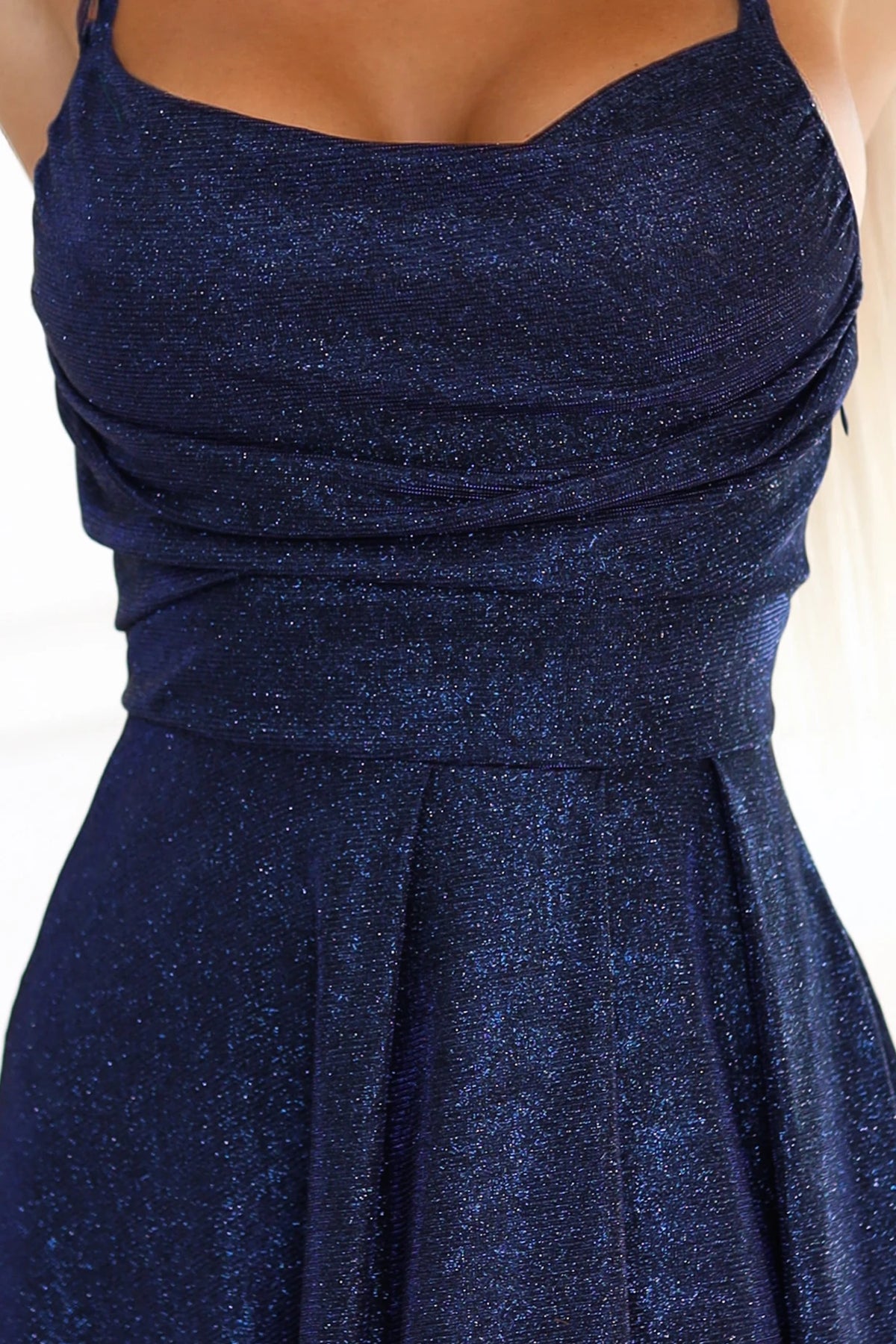 Long dress with subtle shimmer and corset back tie – Navy Blue With Glitter