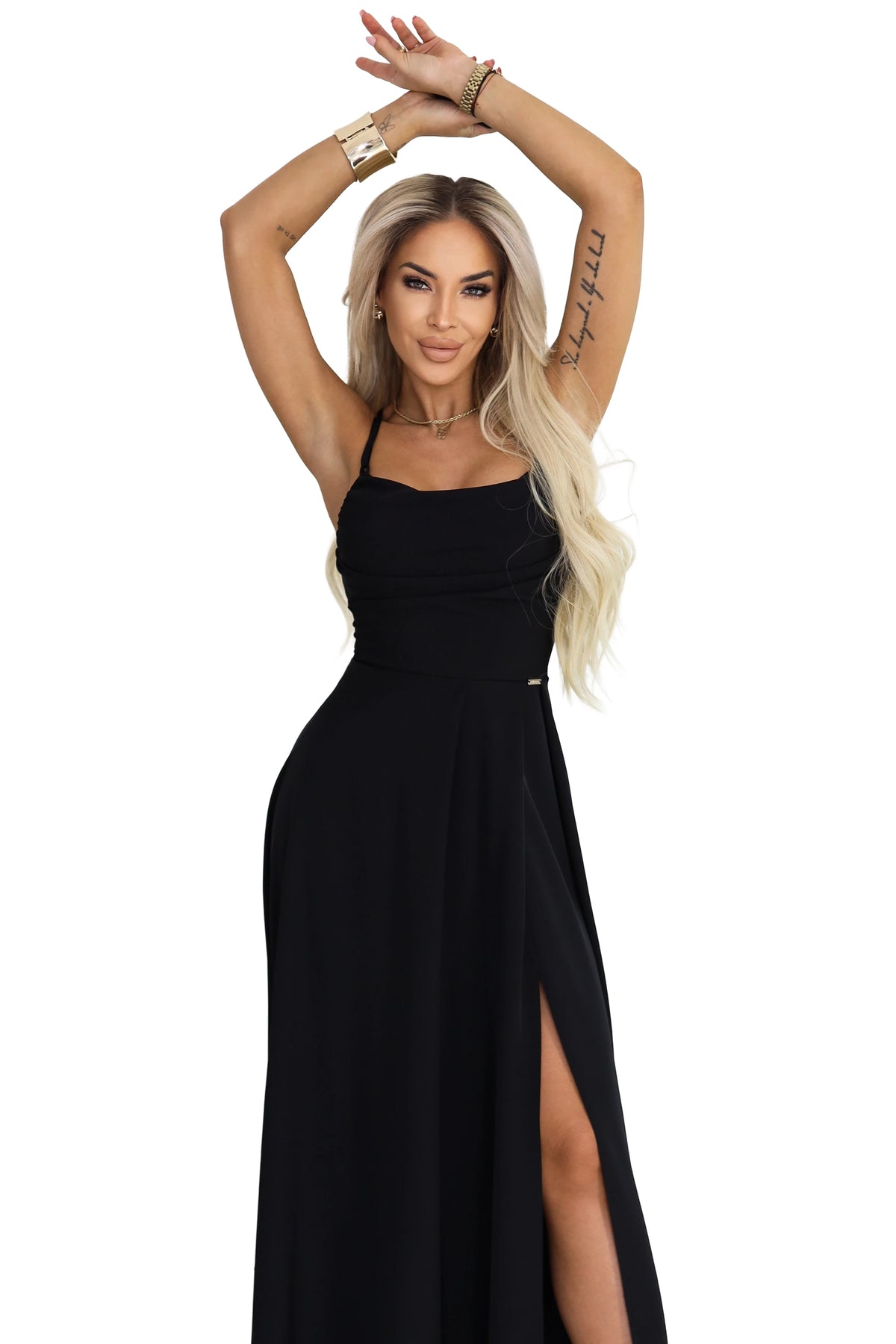 Strappy maxi dress with corset back and slit – Black