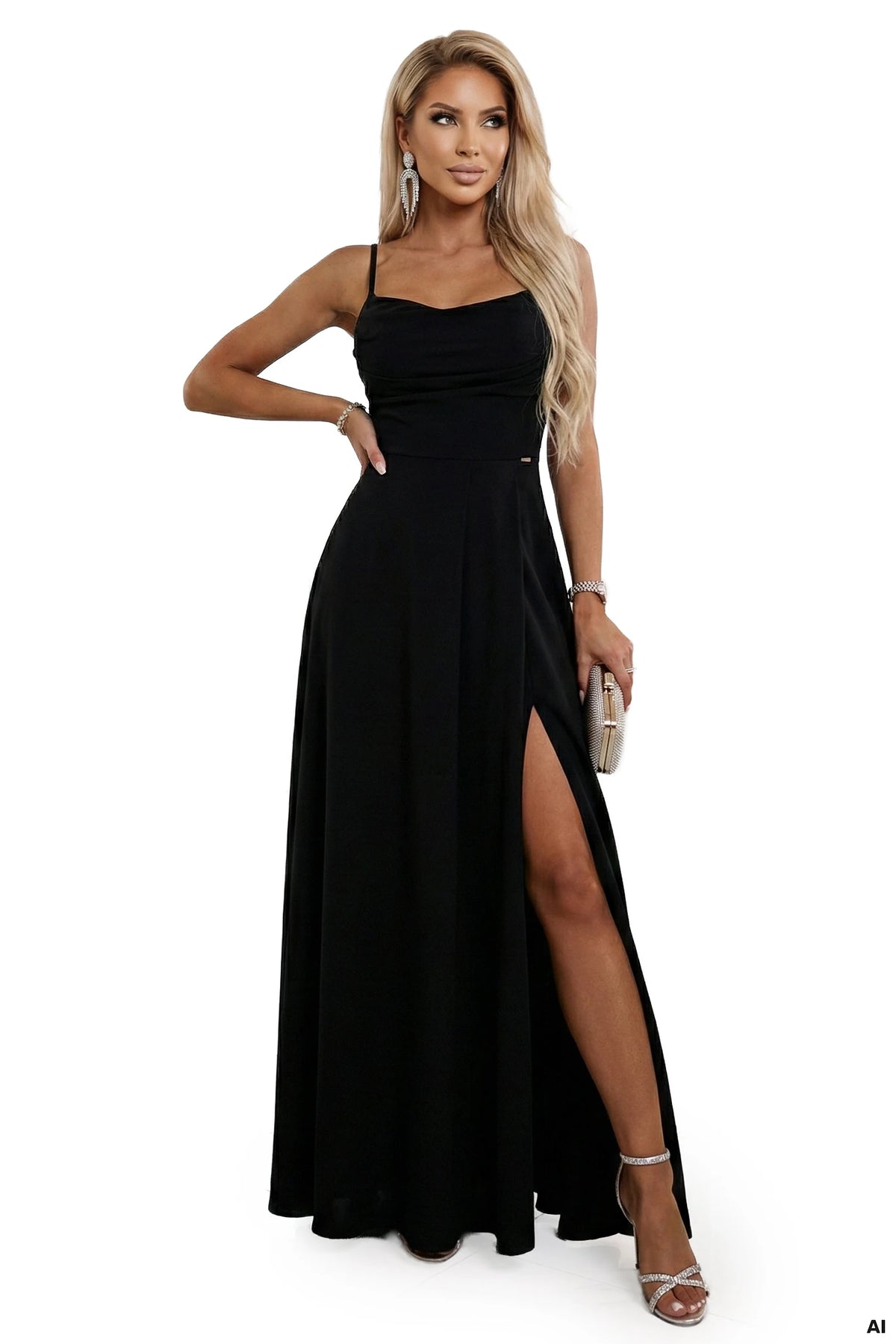 Strappy maxi dress with corset back and slit – Black