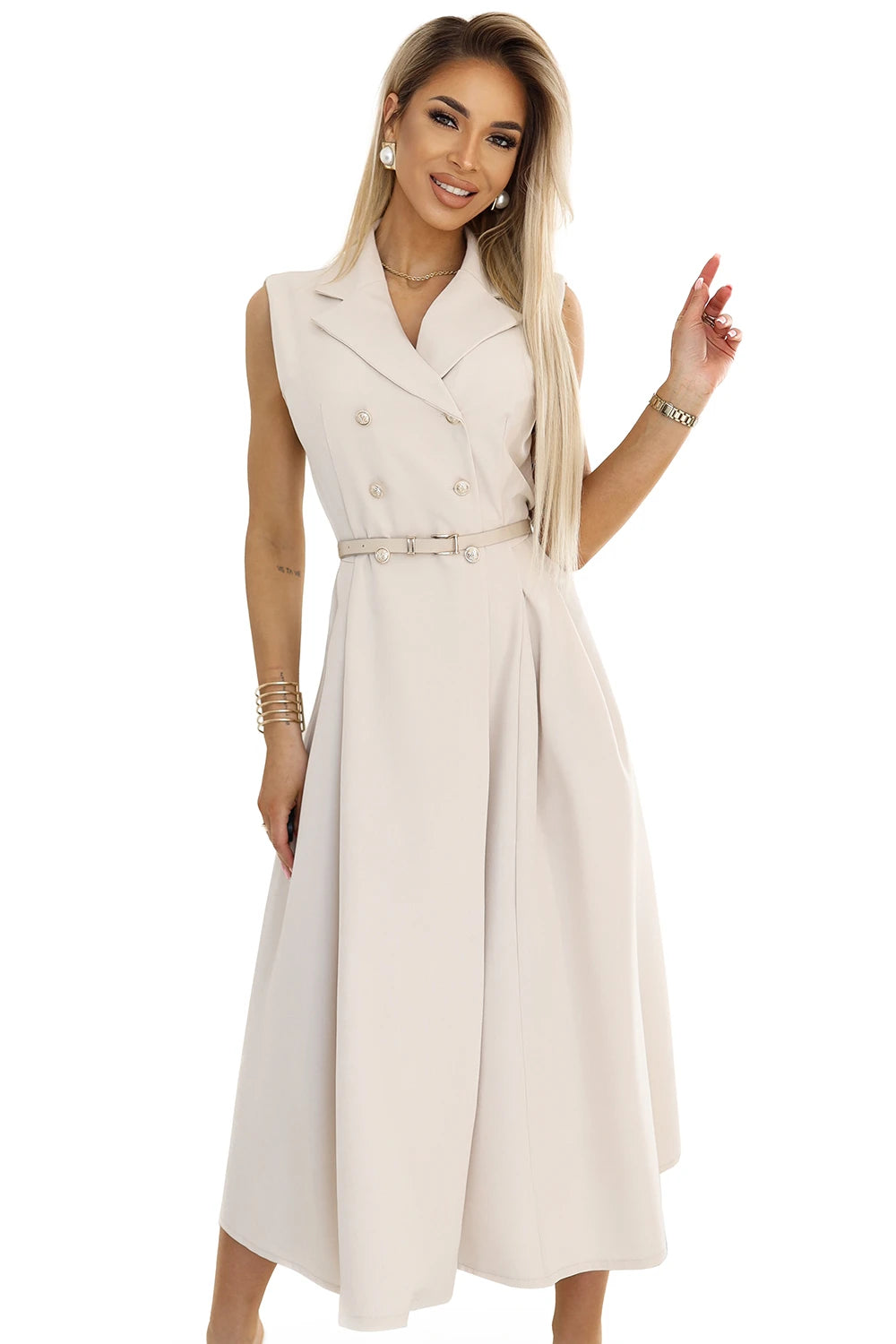 Elegant midi shirt dress with gold buttons and belt – Beige