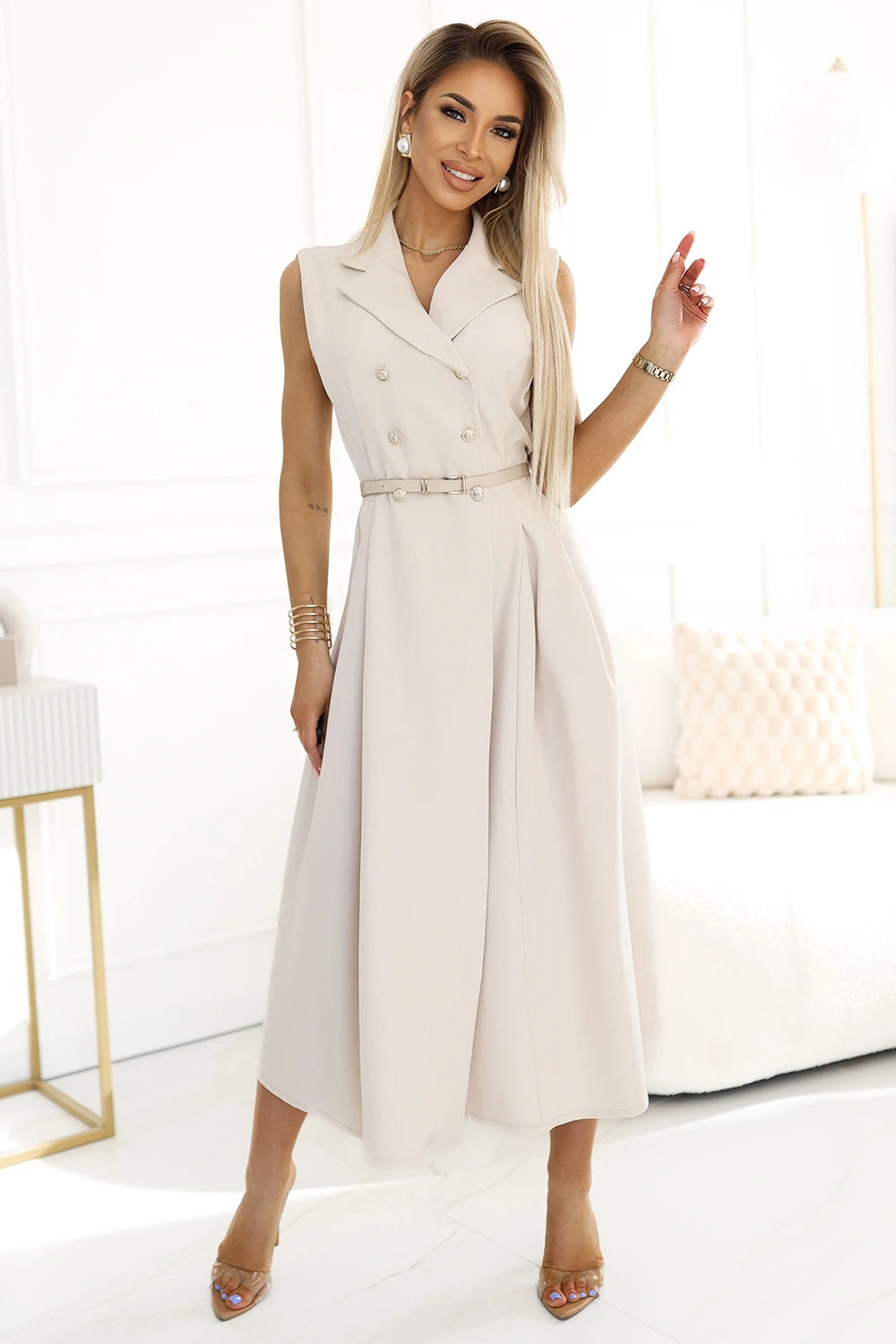 Elegant midi shirt dress with gold buttons and belt – Beige
