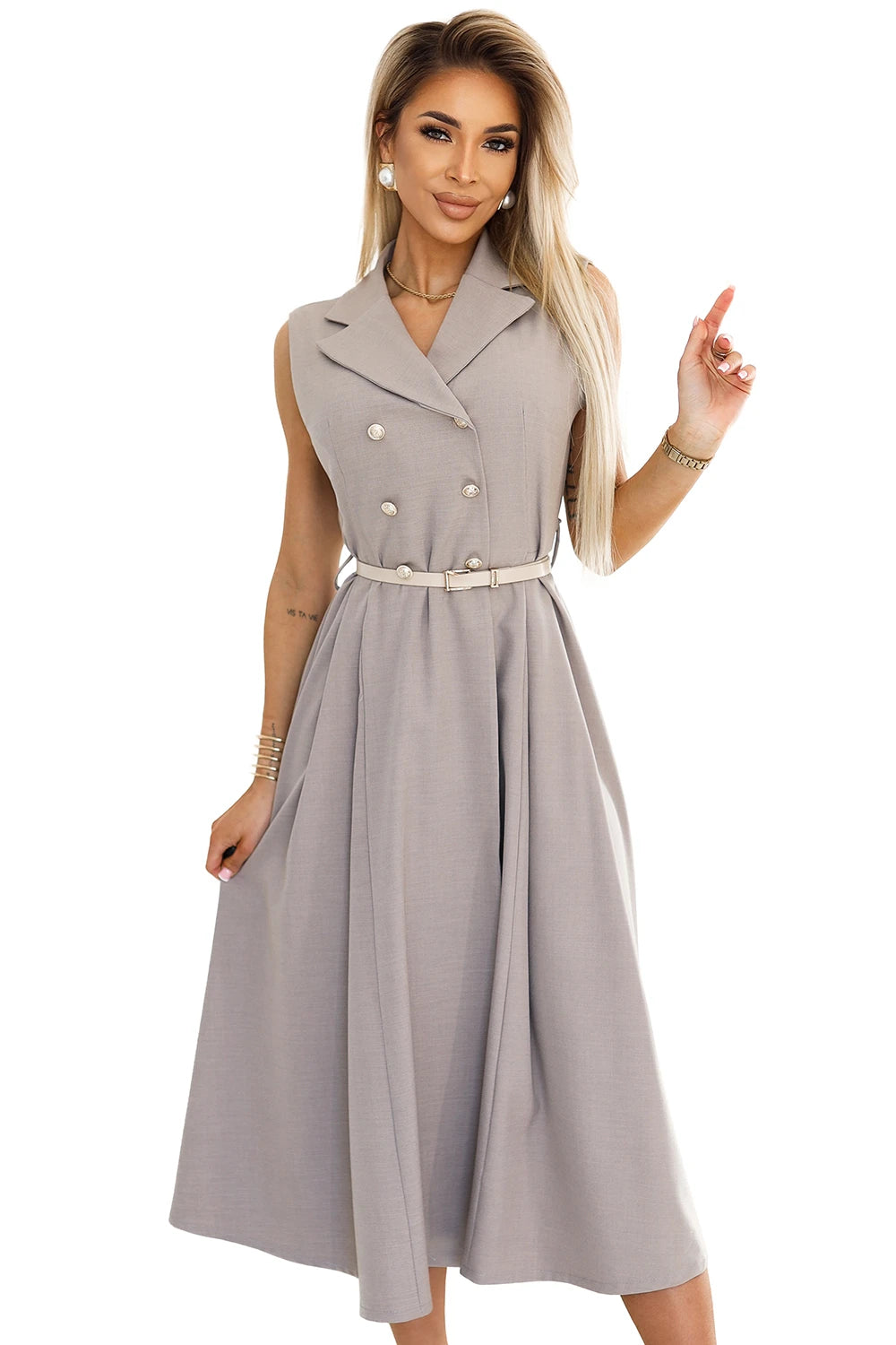 Elegant midi shirt dress with gold buttons and belt – Gray Beige