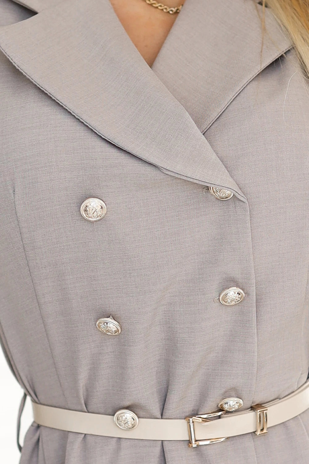 Elegant midi shirt dress with gold buttons and belt – Gray Beige