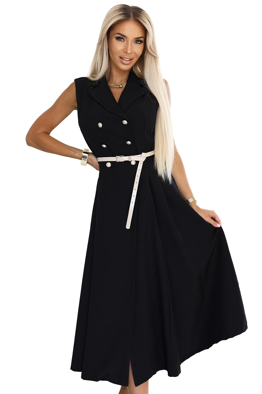 Elegant midi shirt dress with gold buttons and belt – Black