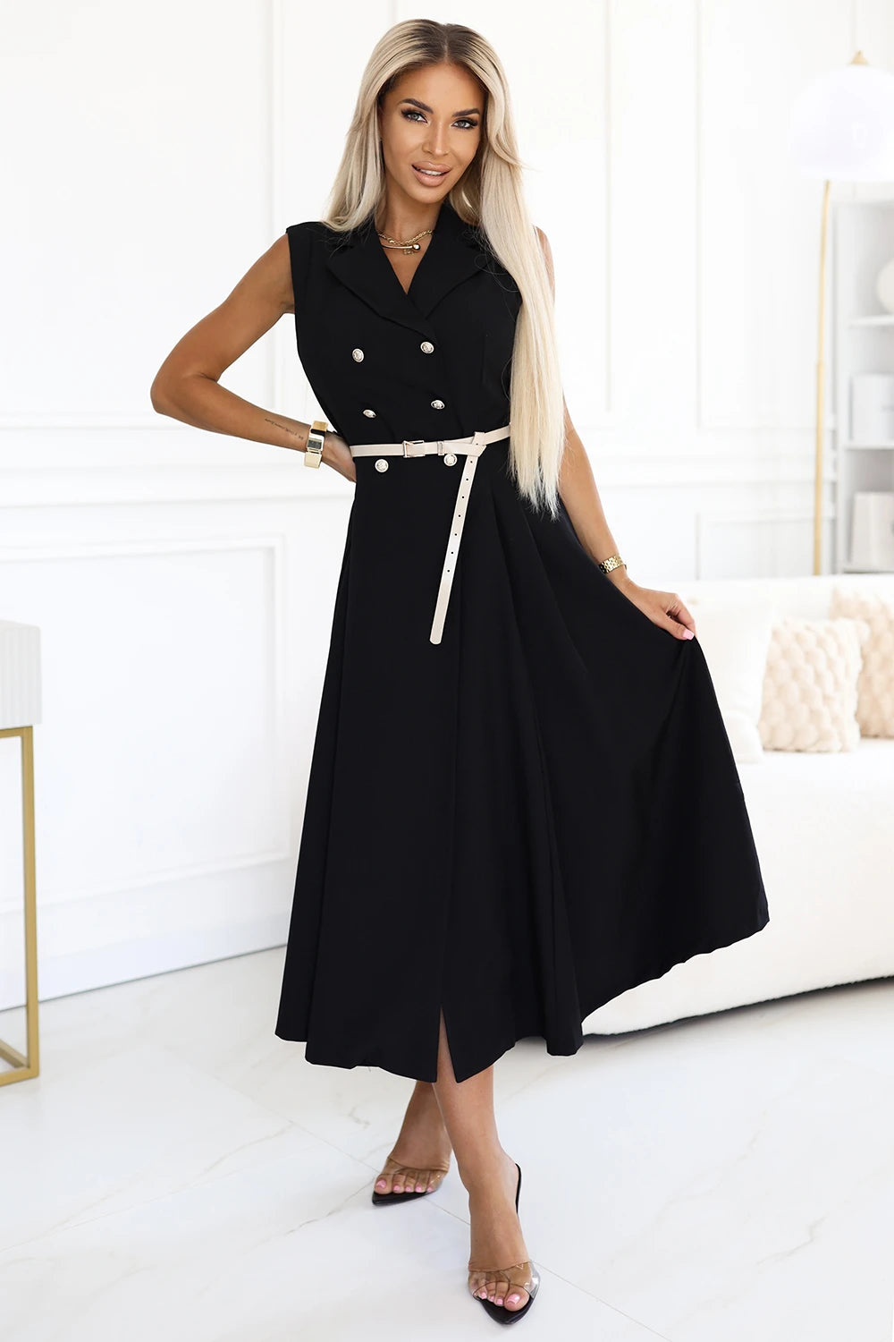 Elegant midi shirt dress with gold buttons and belt – Black