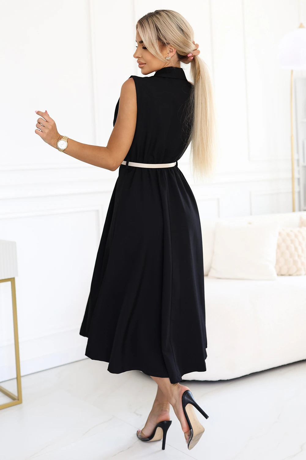 Elegant midi shirt dress with gold buttons and belt – Black