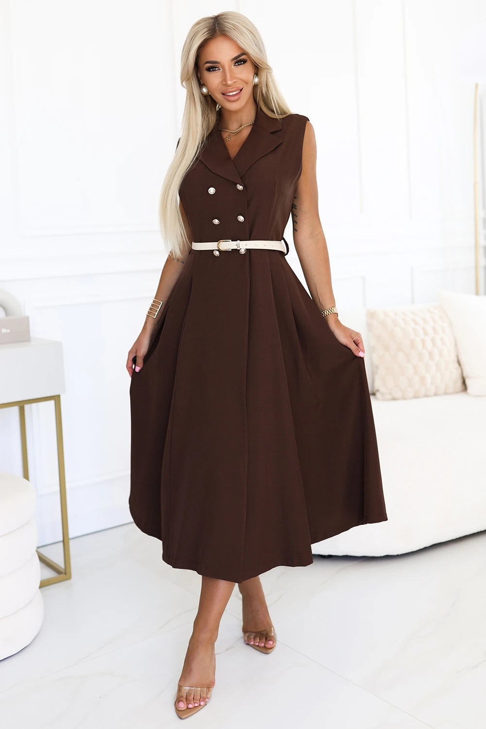 Elegant midi shirt dress with gold buttons and belt – Chocolate