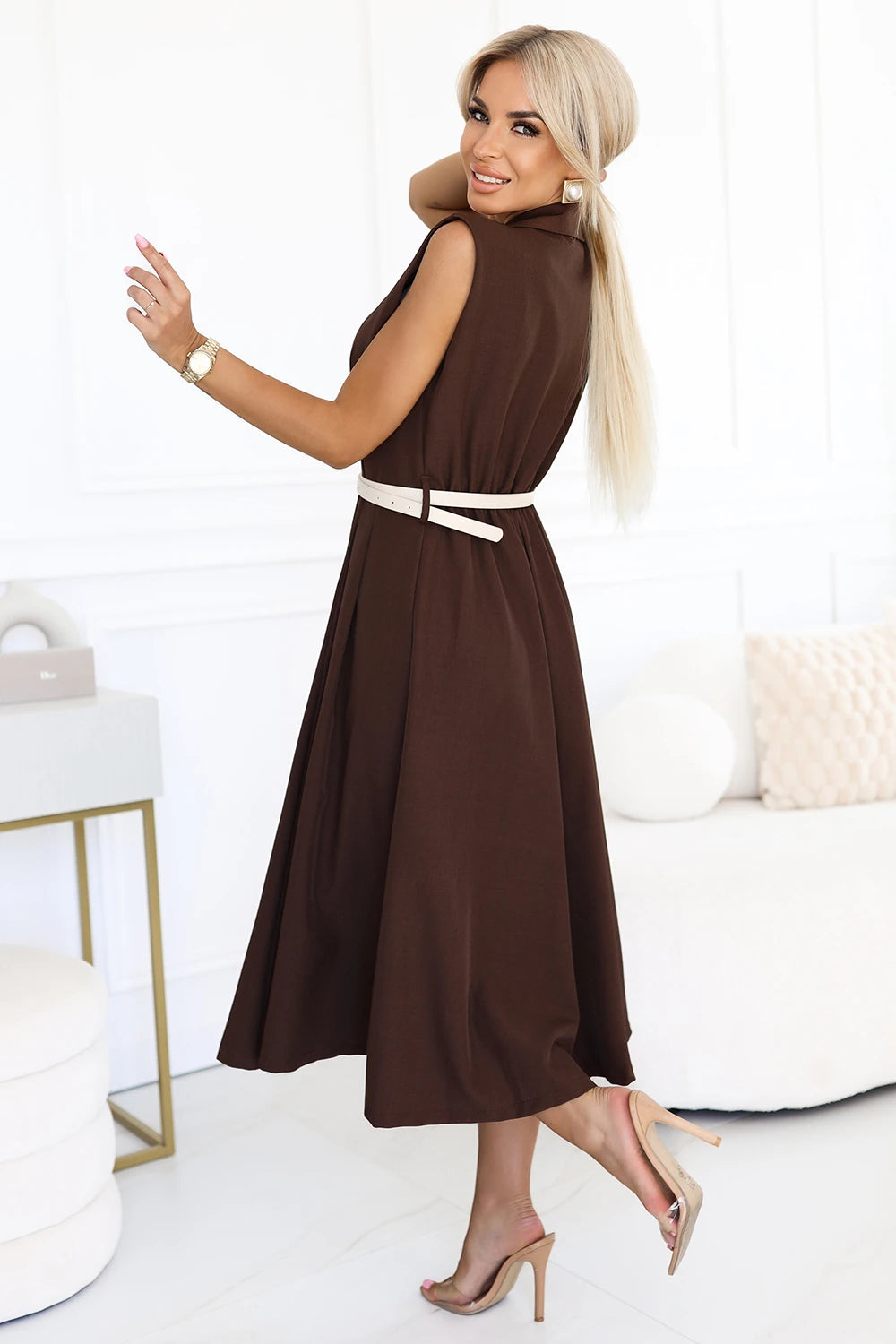 Elegant midi shirt dress with gold buttons and belt – Chocolate