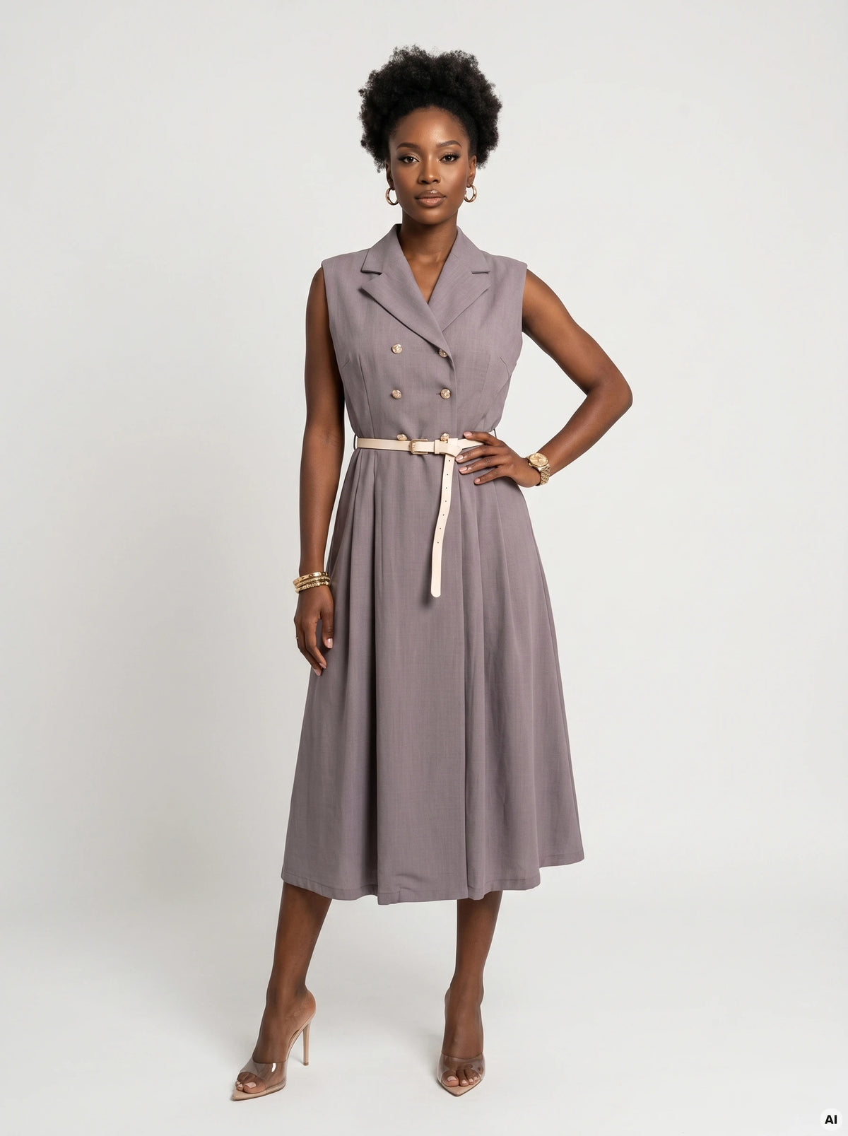 Elegant midi shirtdress with gold buttons and belt – Grey