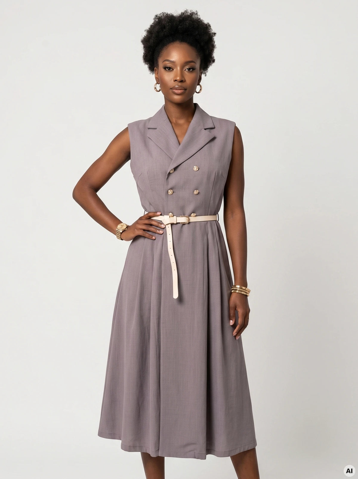 Elegant midi shirtdress with gold buttons and belt – Grey
