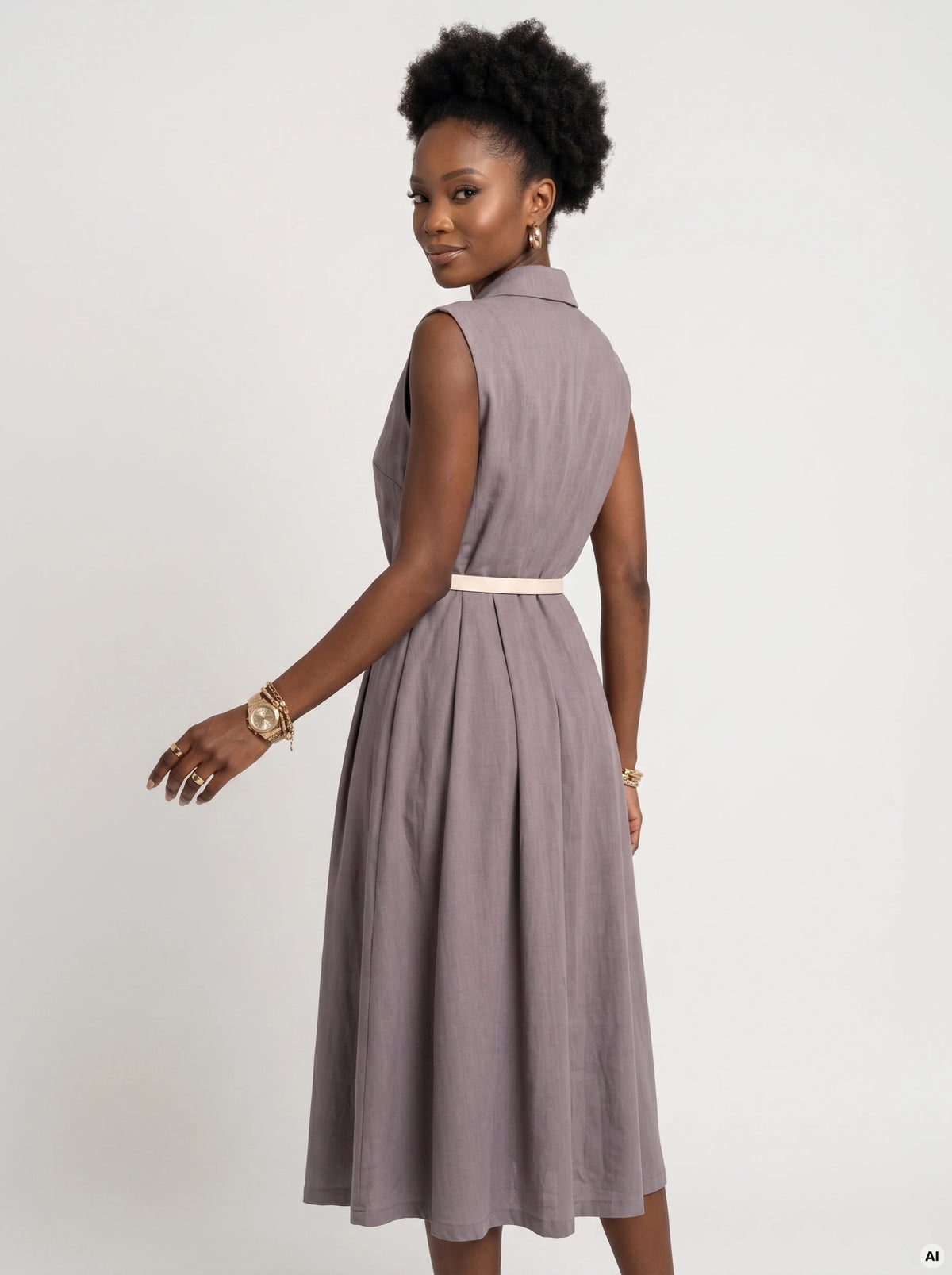 Elegant midi shirtdress with gold buttons and belt – Grey