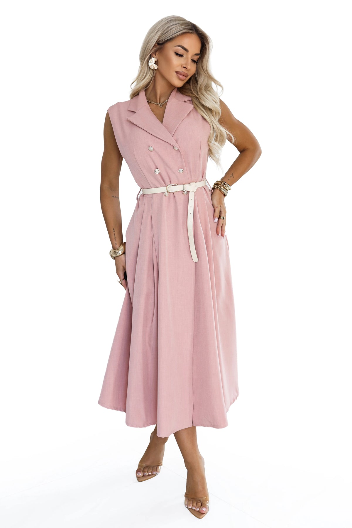 Elegant midi shirt dress with gold buttons and a belt – Powder Pink