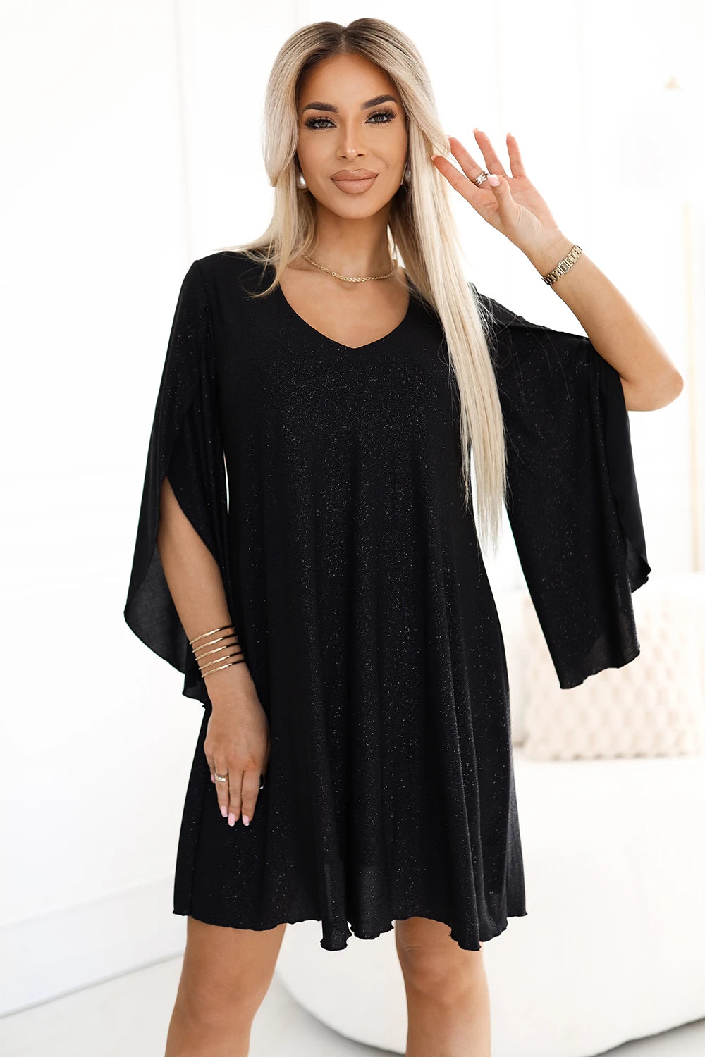 LIVIA Elegant trapeze dress with butterfly sleeves – Black With Glitter