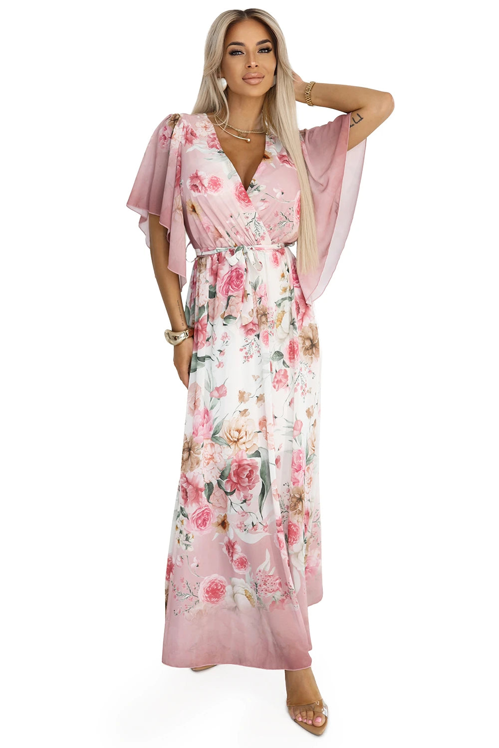 Airy wrap maxi dress with floral pattern – Pink Roses