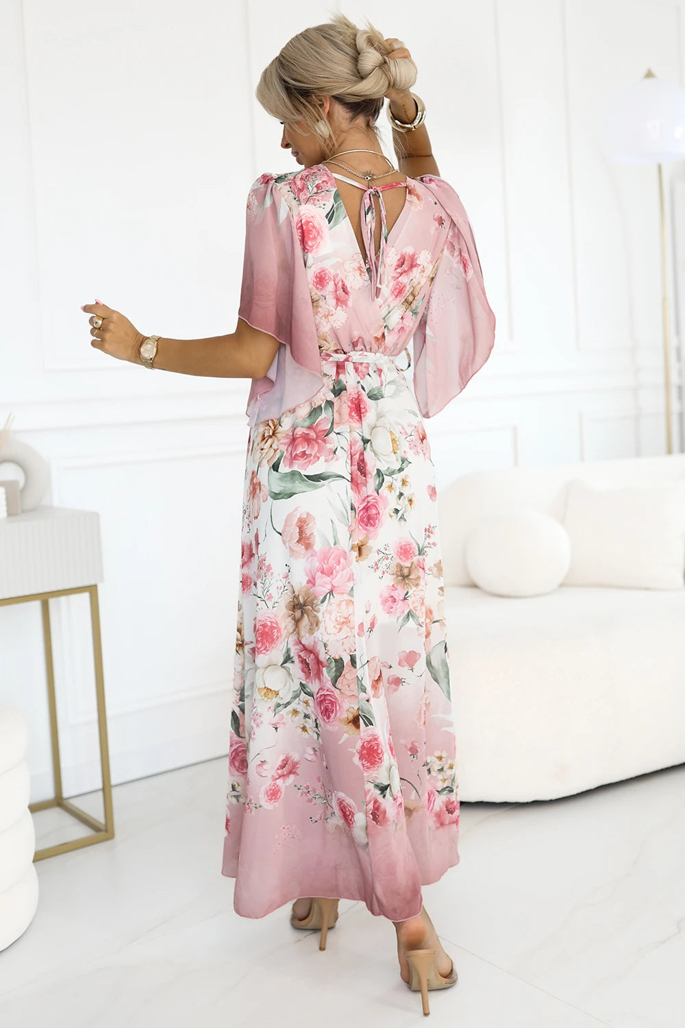 Airy wrap maxi dress with floral pattern – Pink Roses