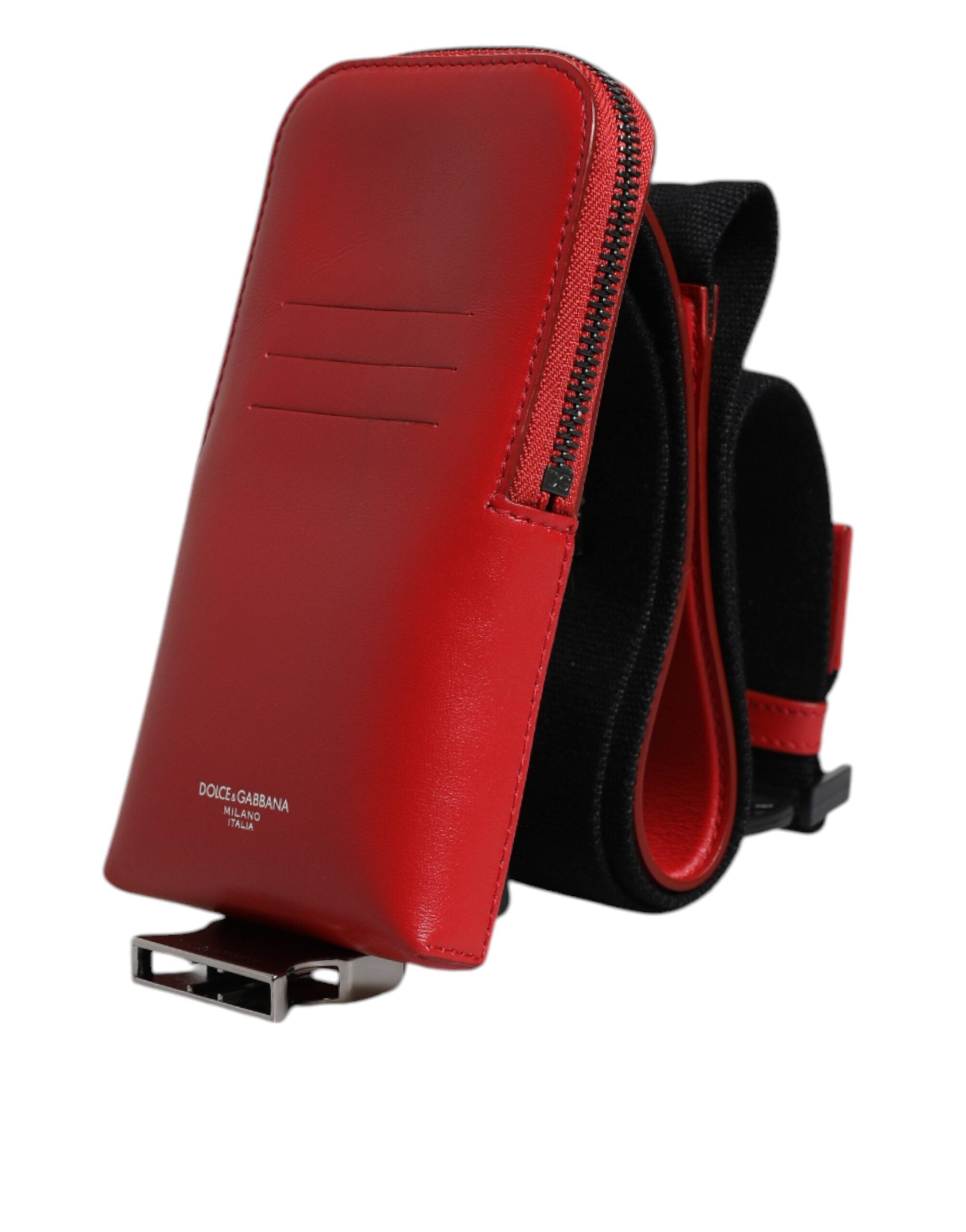 Červená kožená peněženka s logem na zip a širokým popruhem (kopírovaná)