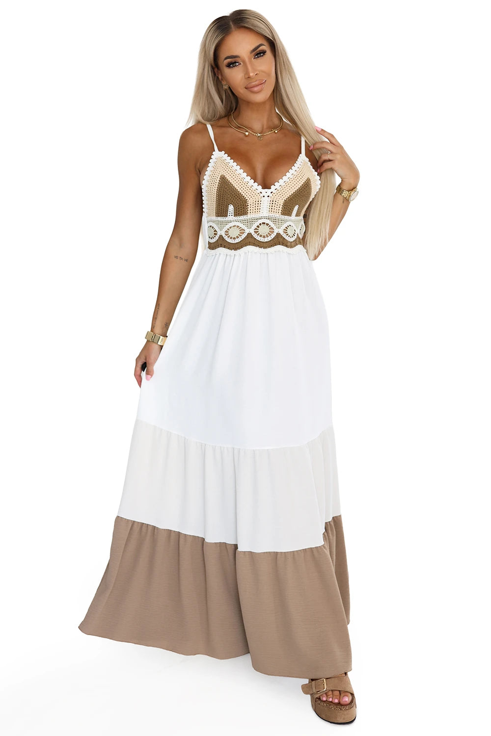 Long beige and white strapless dress with crochet top – Boho