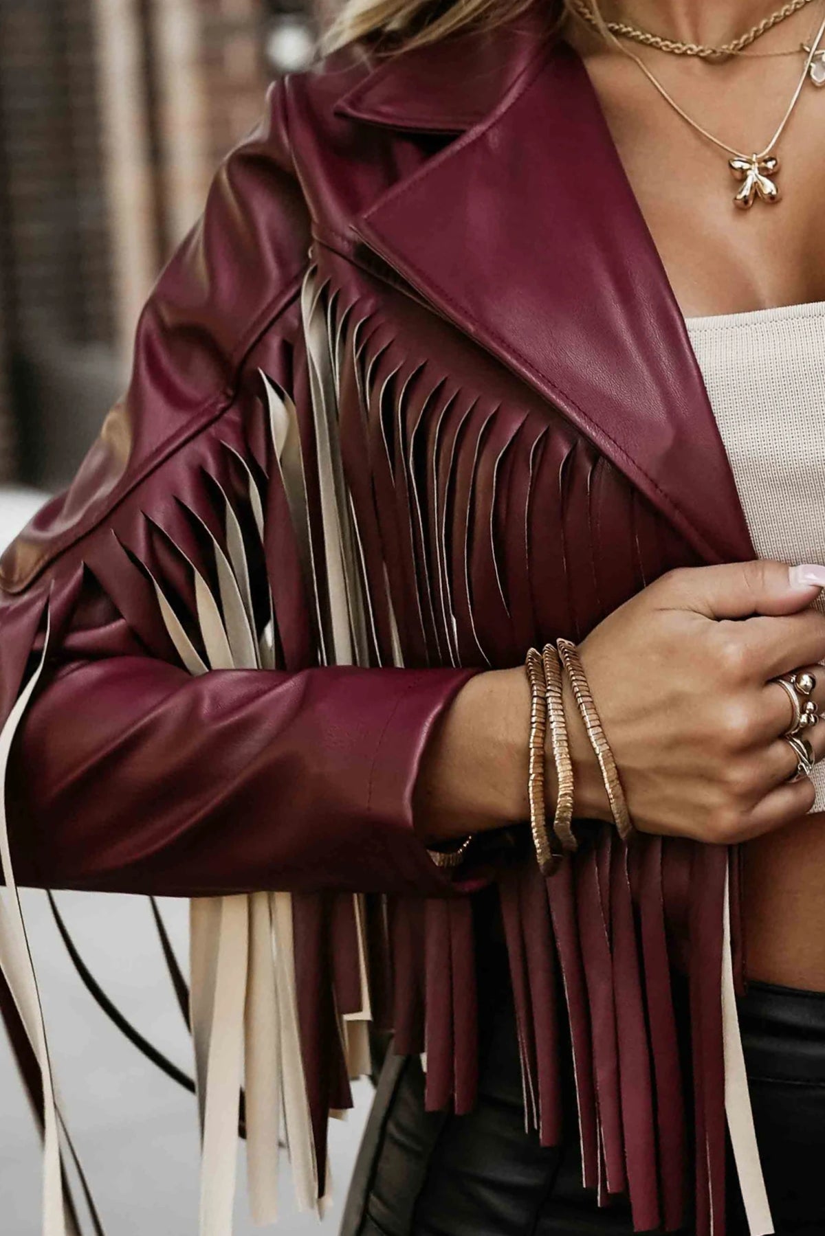 Short jacket with fringes made of soft eco-leather – Burgundy