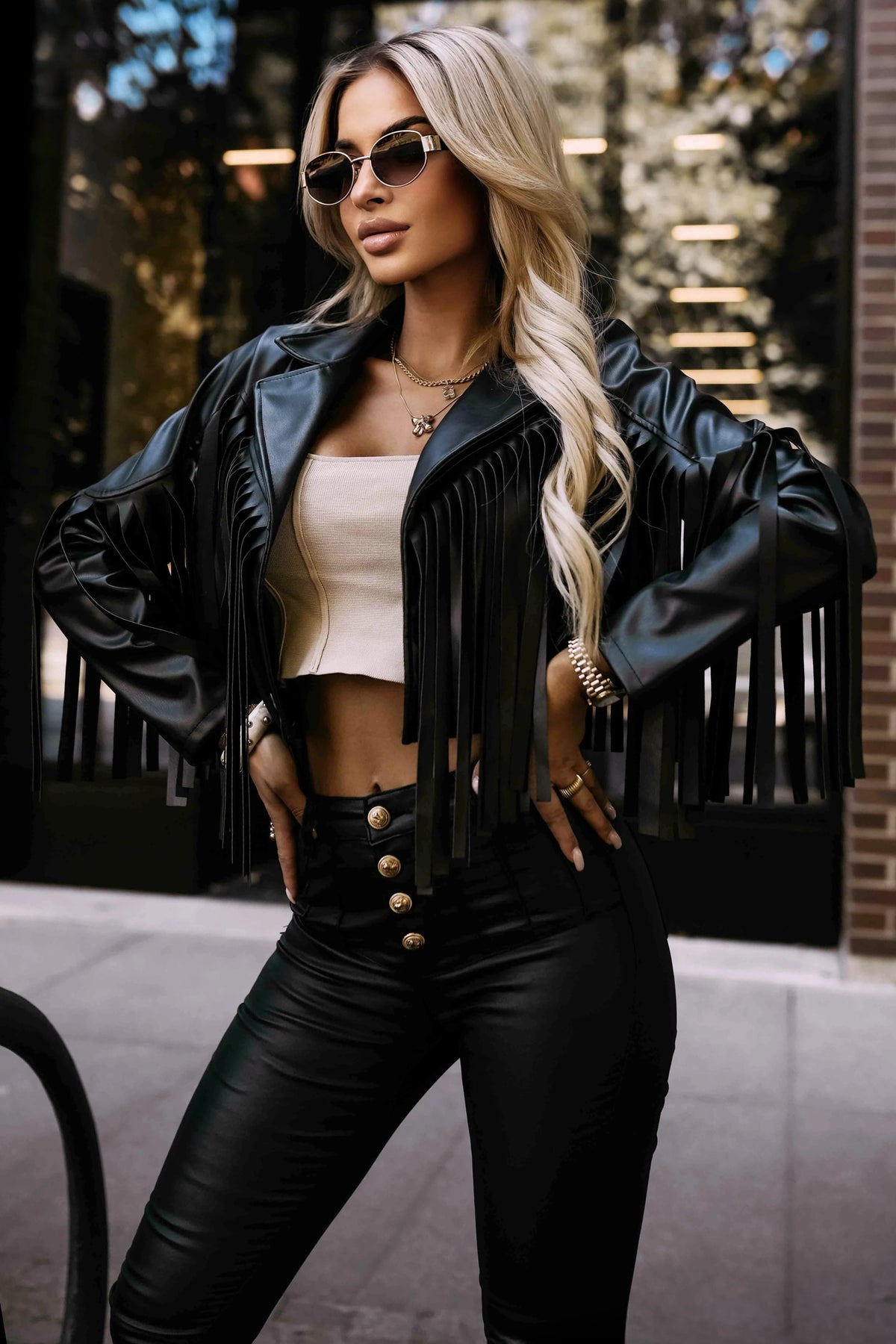 Short biker jacket with fringes made of soft eco leather – Black