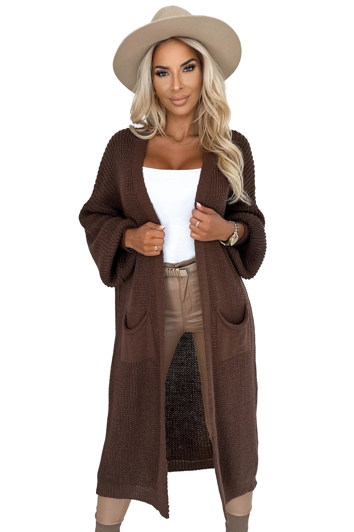 Cardigan – long sweater cape with pockets – Chocolate Color