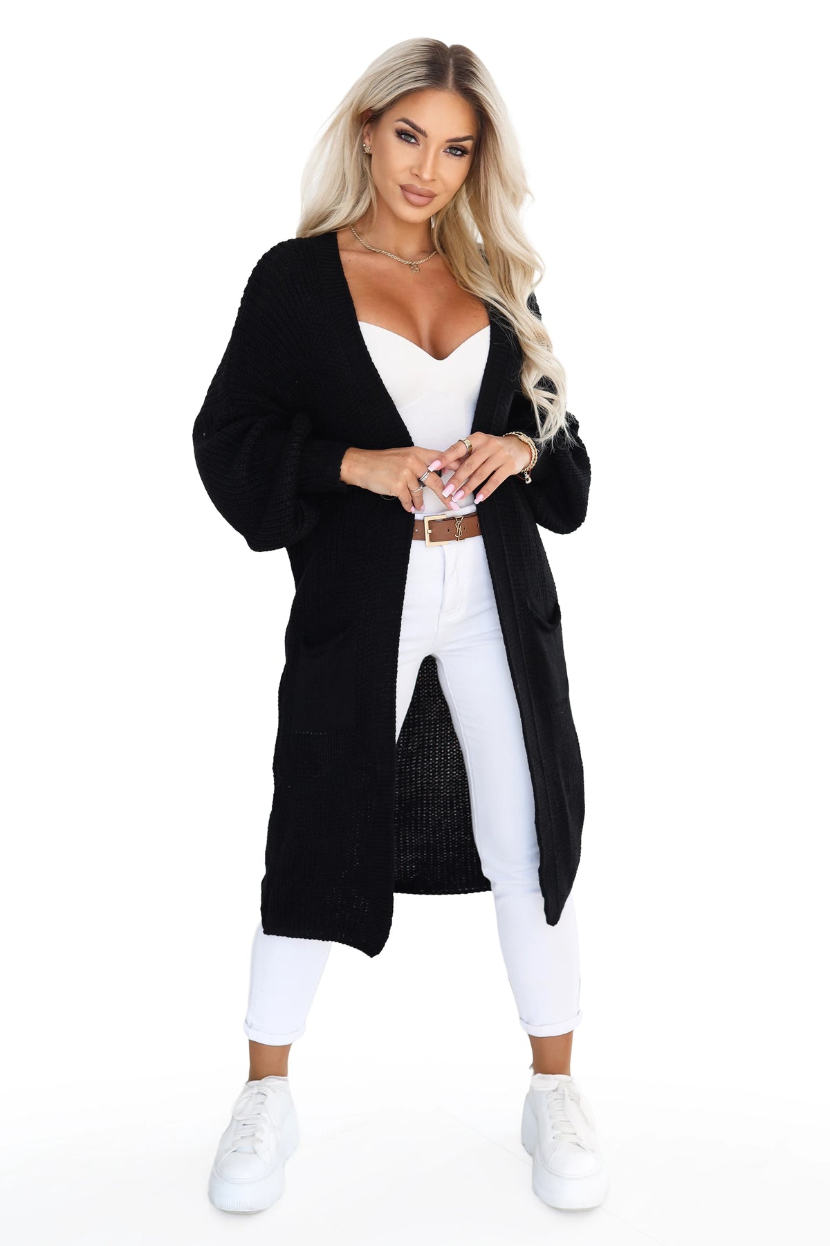 Long women's knit cardigan with pockets and puff sleeves – Black