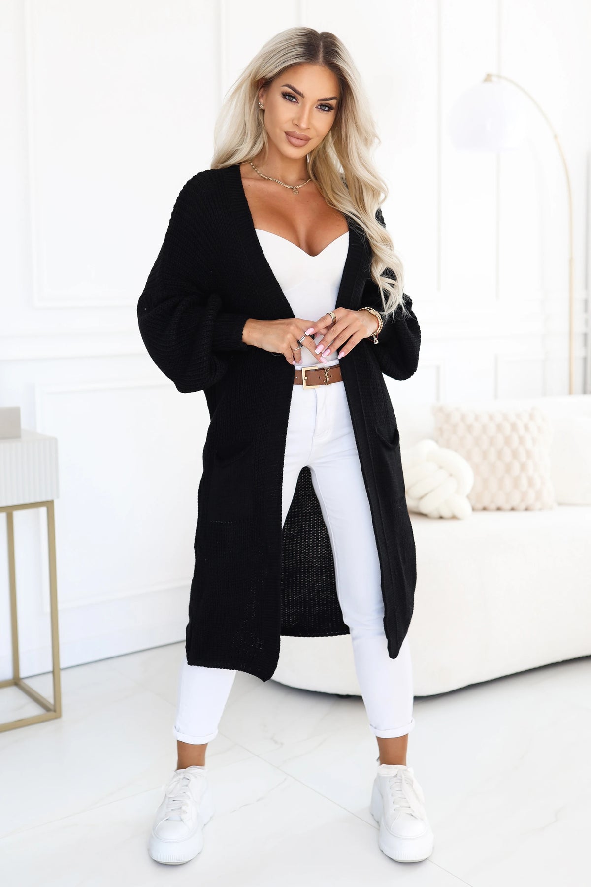Long women's knit cardigan with pockets and puff sleeves – Black