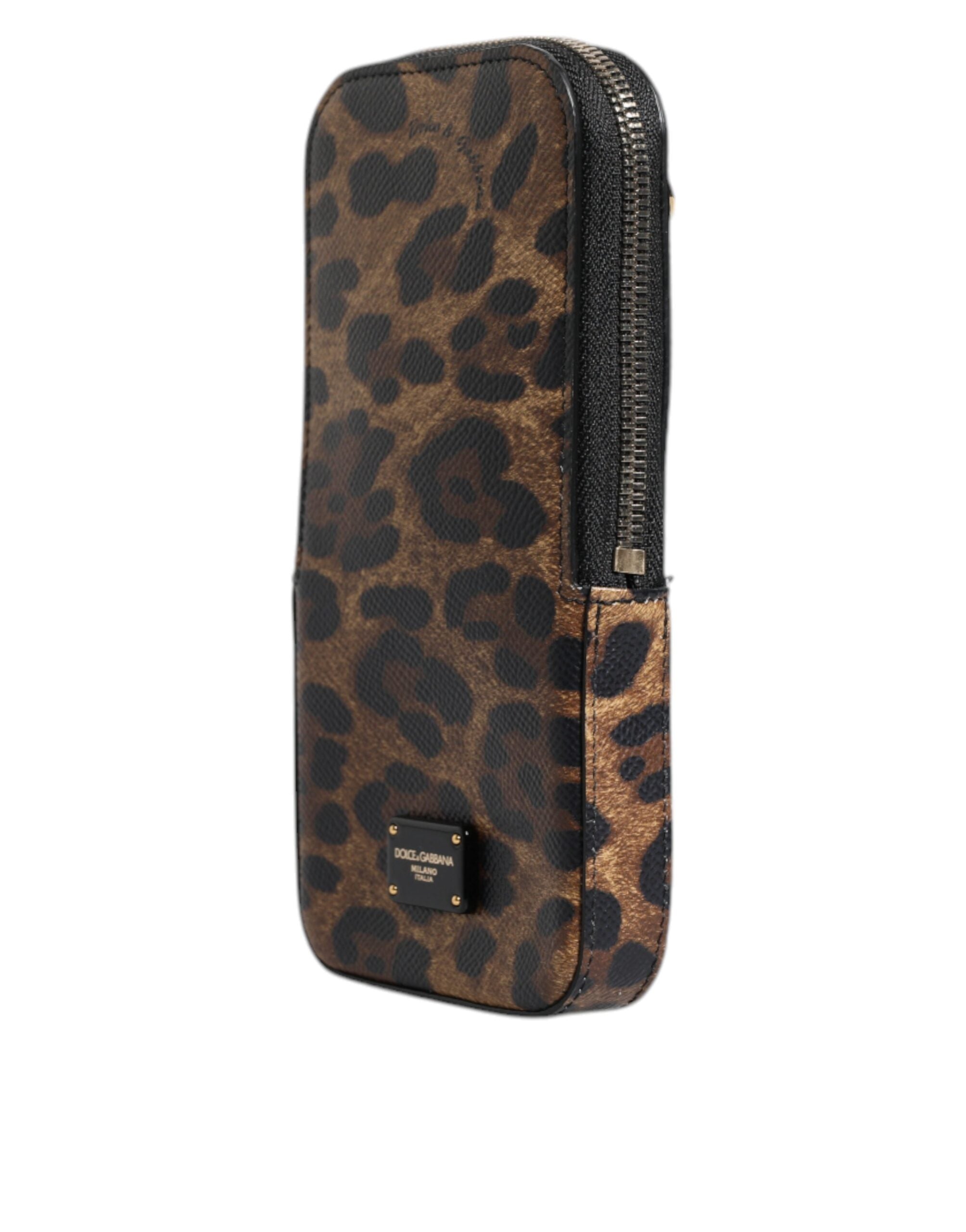 Hnědá kožená peněženka Dauphine s leopardím potiskem a zipem