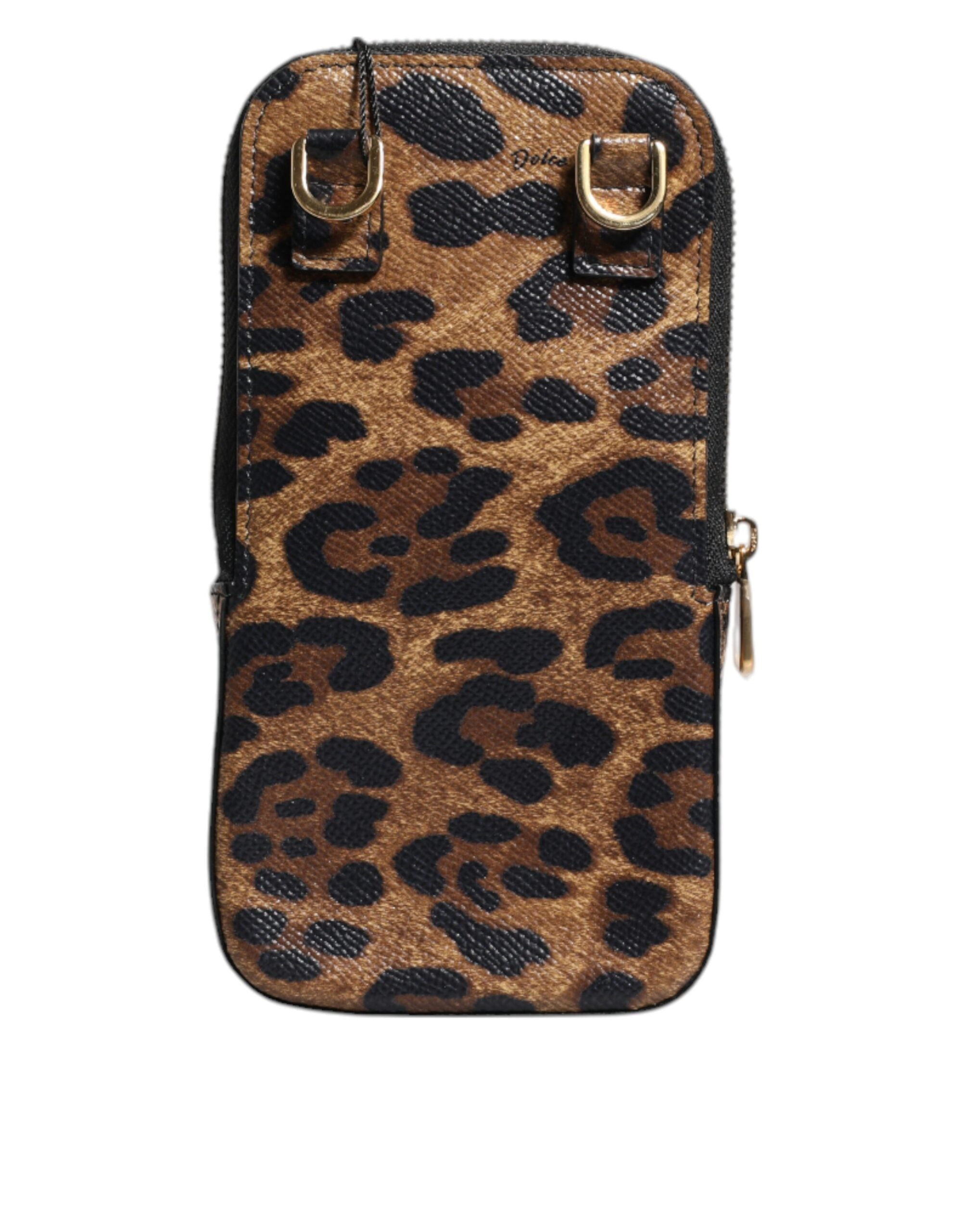 Hnědá kožená peněženka Dauphine s leopardím potiskem a zipem