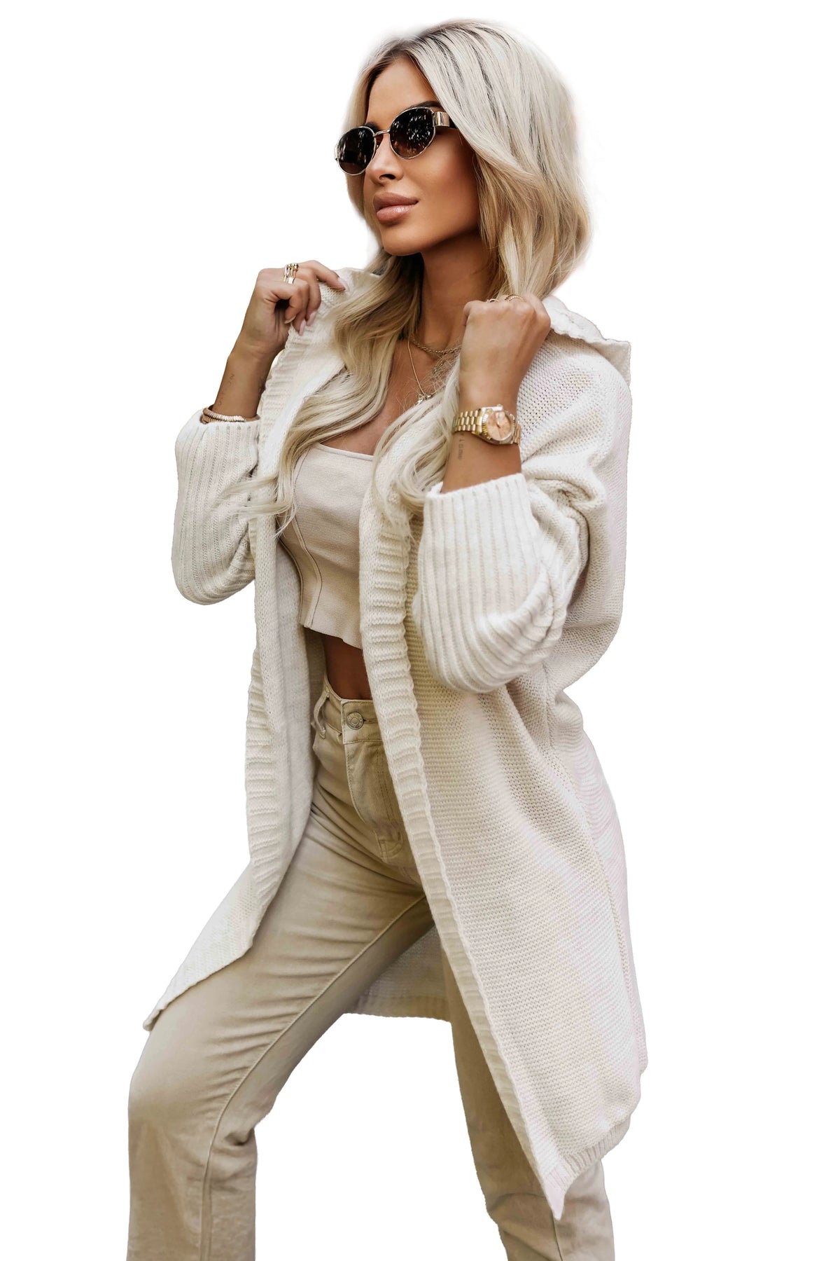 Comfortable oversized cardigan with a hood and a stylish patch – Beige