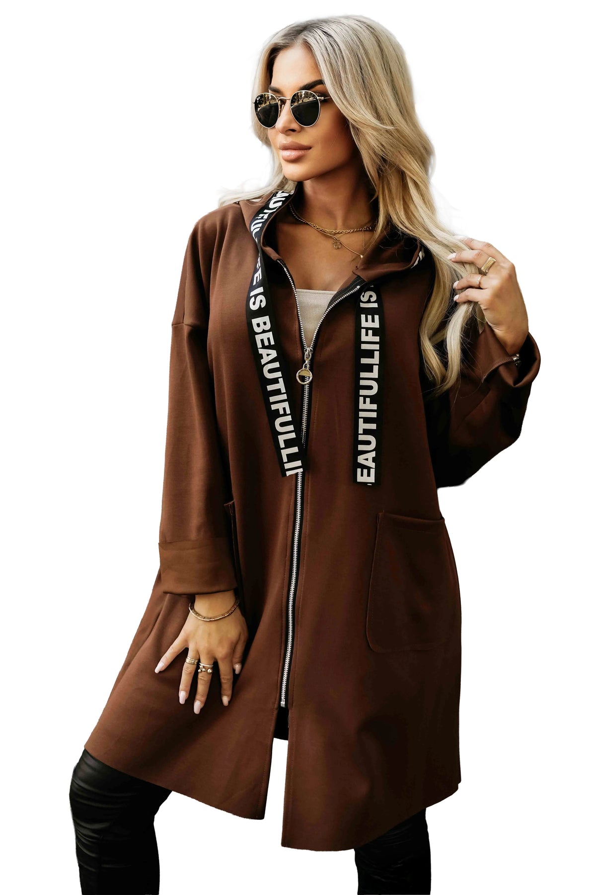 Casual coat with a zipper and fashionable details – Chocolate