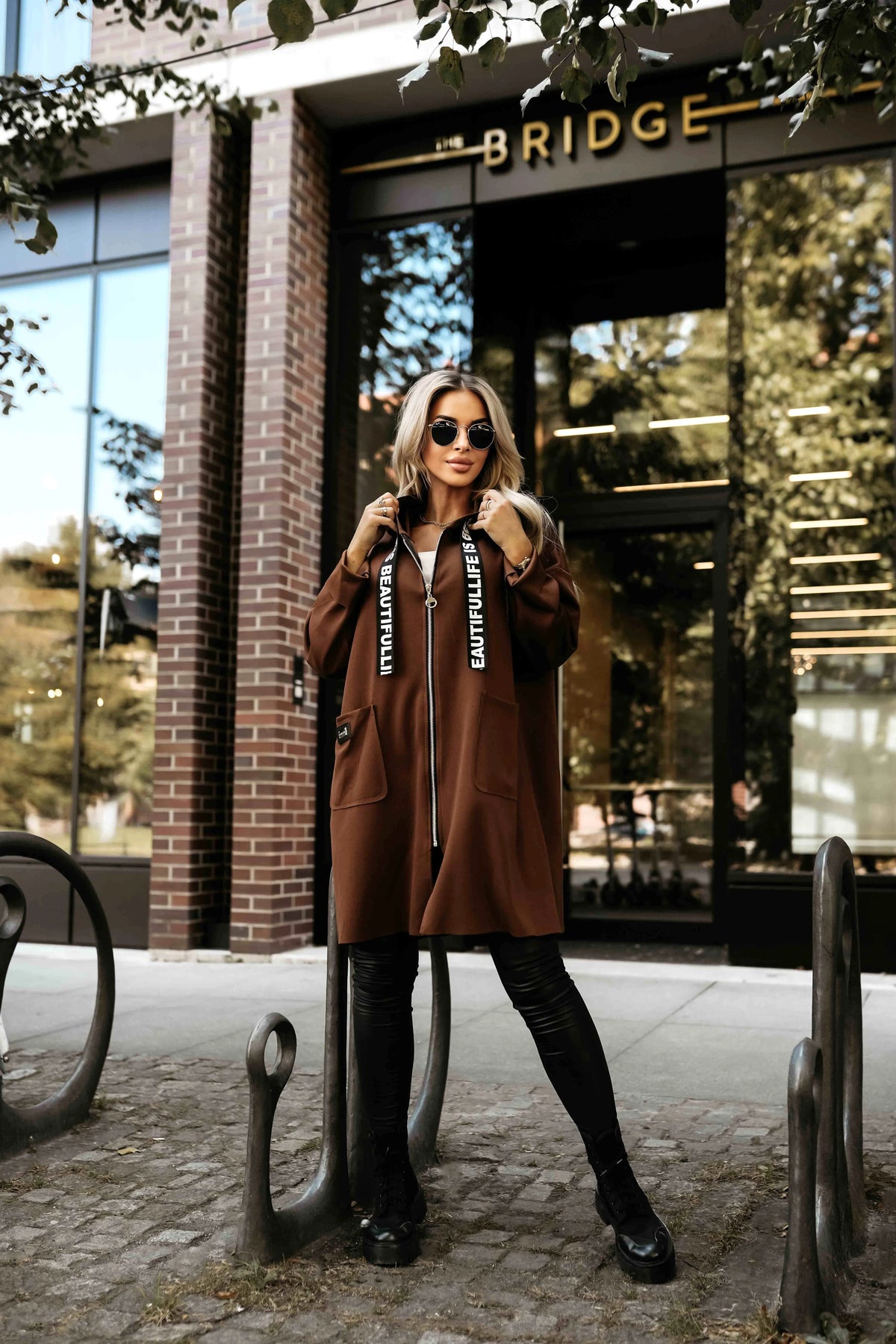 Casual coat with a zipper and fashionable details – Chocolate
