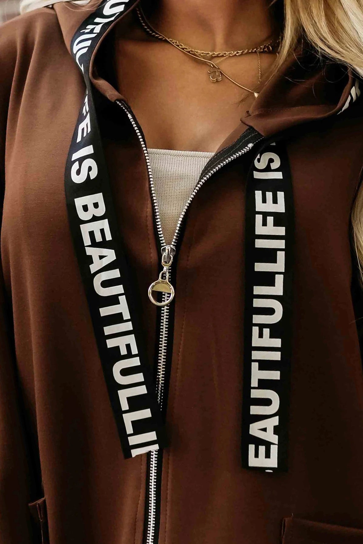 Casual coat with a zipper and fashionable details – Chocolate