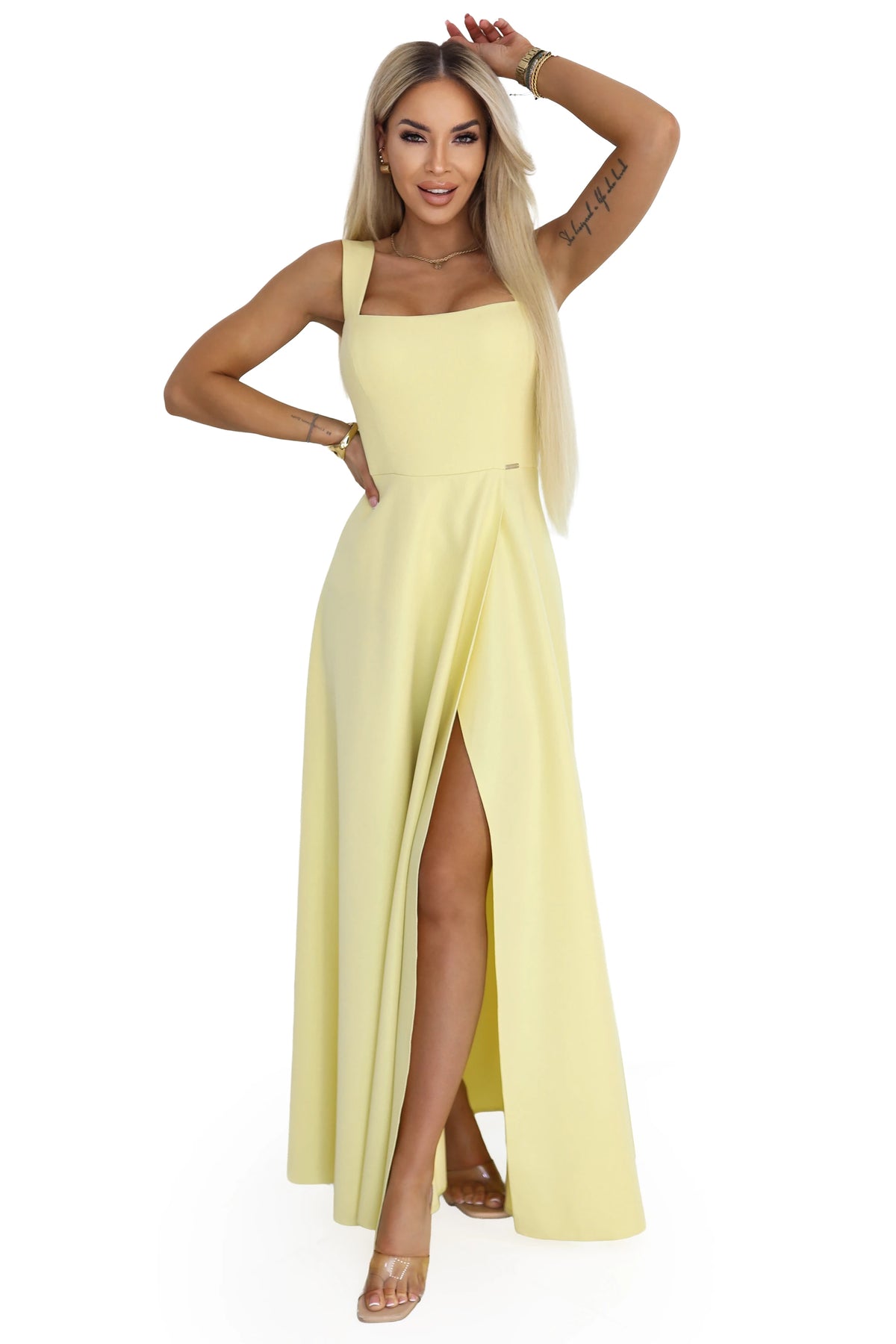 AURELIA Long Wedding Dress with Slit and Diamond Neckline – Butter Yellow With Glitter