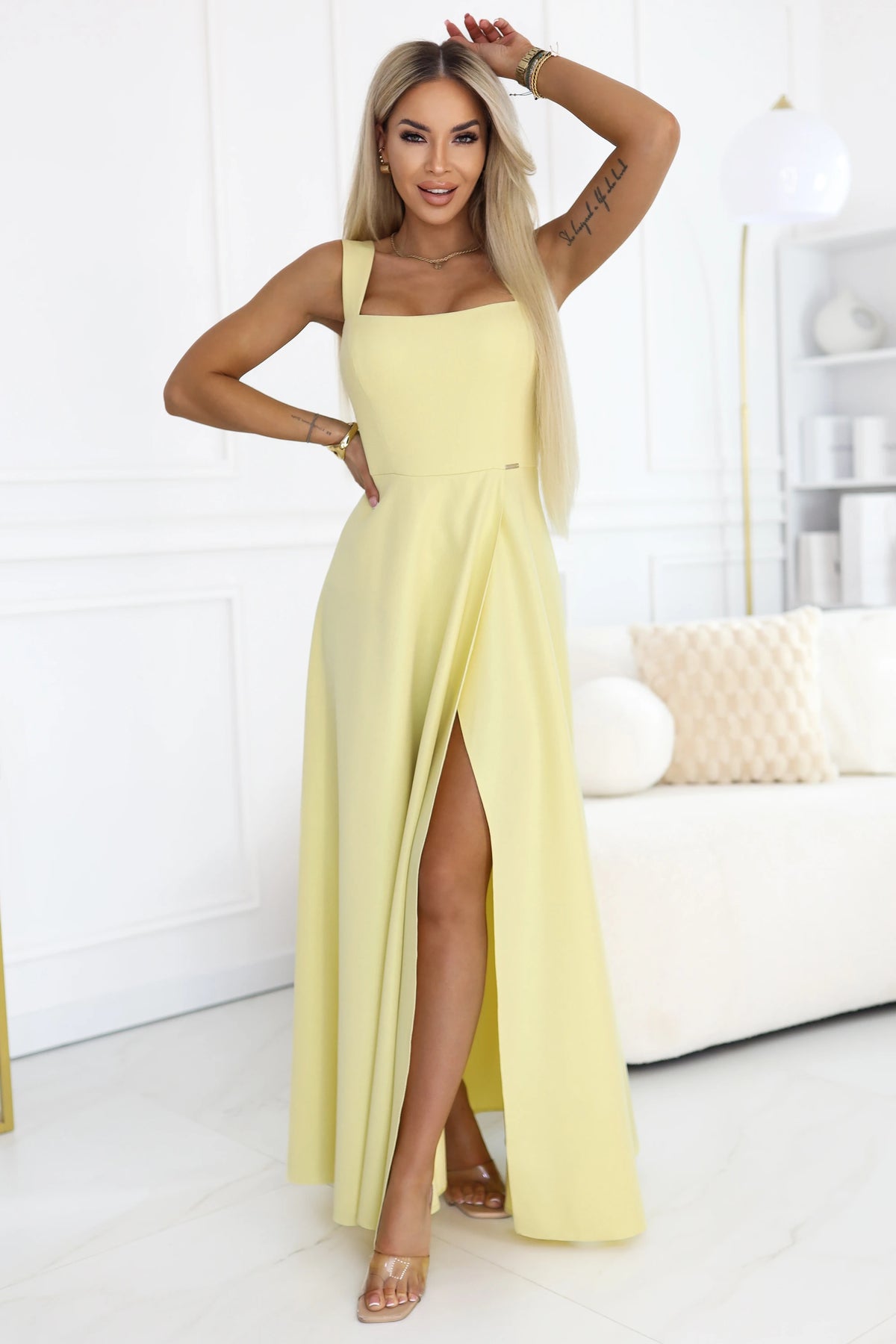 AURELIA Long Wedding Dress with Slit and Diamond Neckline – Butter Yellow With Glitter