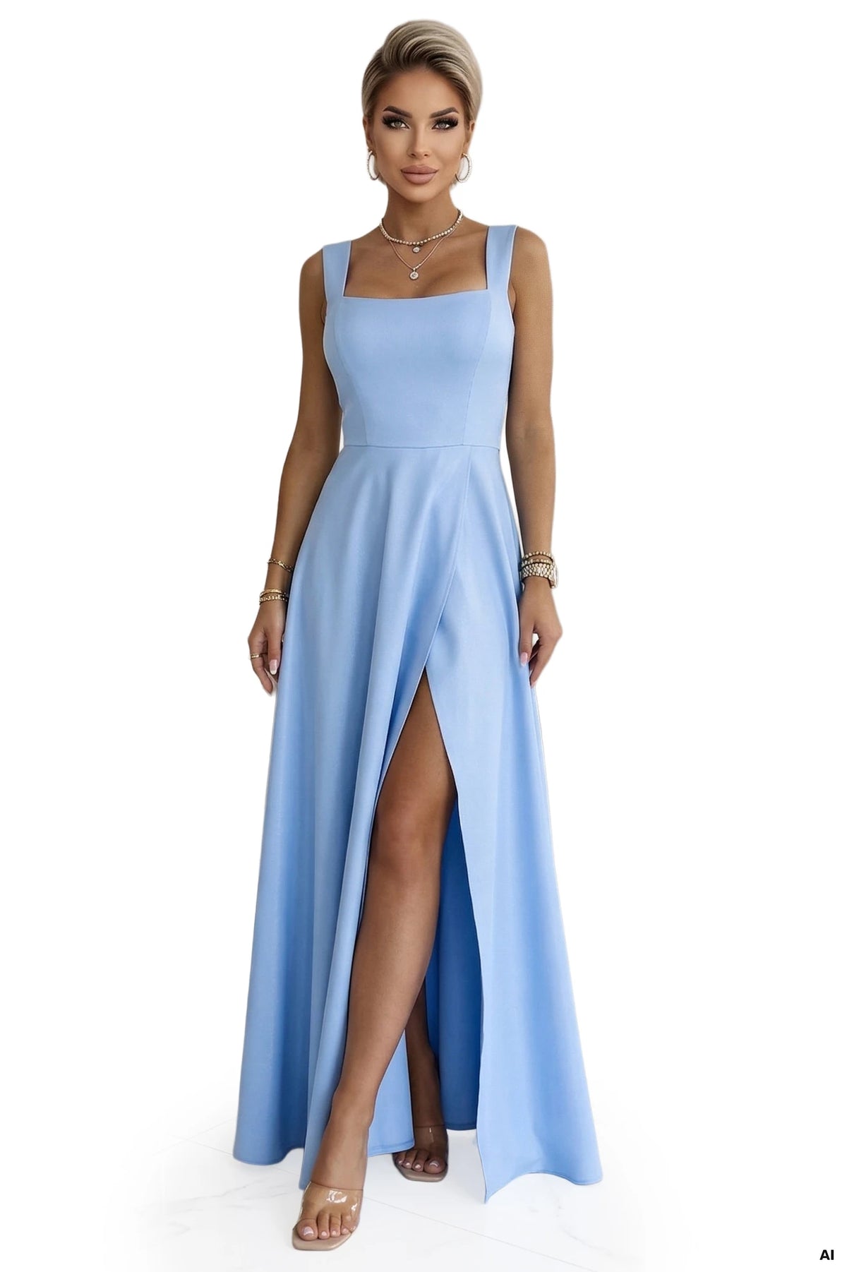 AURELIA Long Maxi Dress with Slit and Diamond Neckline – Sky Blue With Glitter