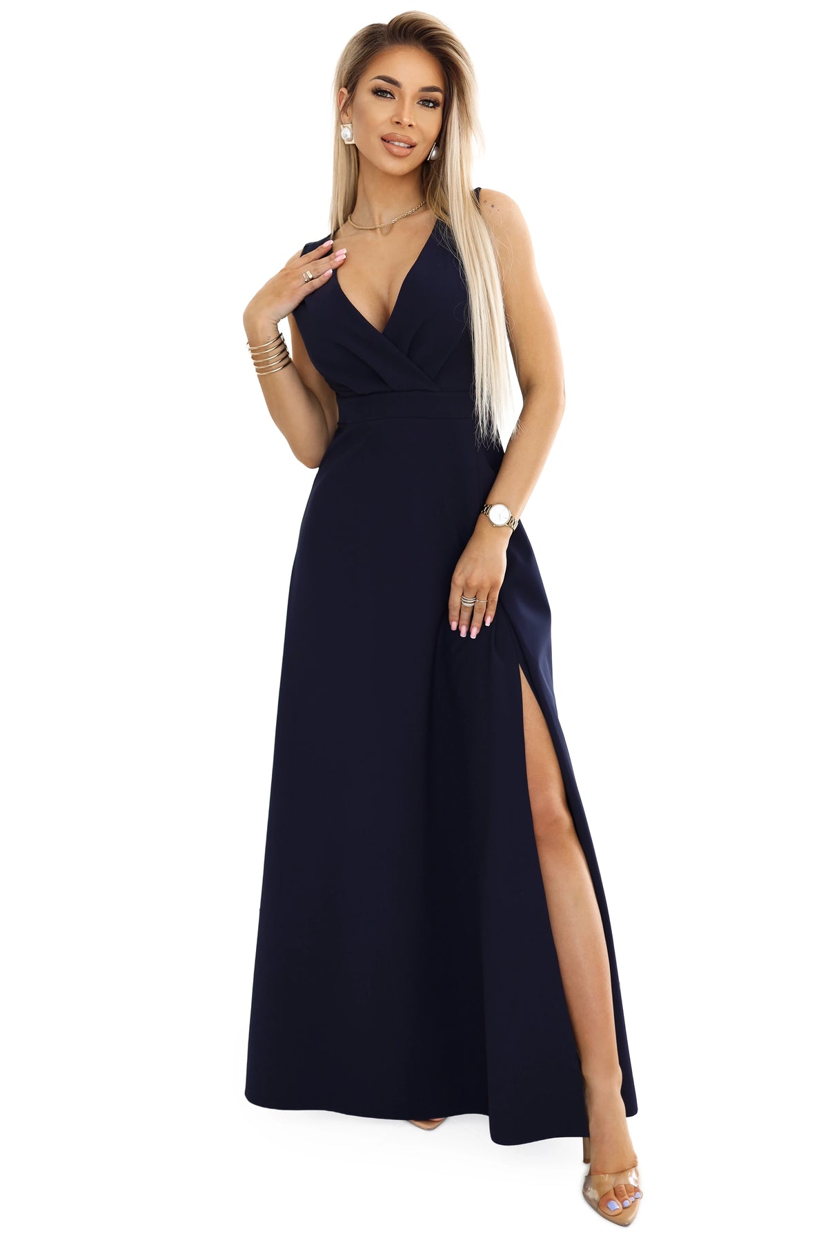 MIRA elegant maxi dress with a wrap neckline and a slit on the leg – Navy Blue