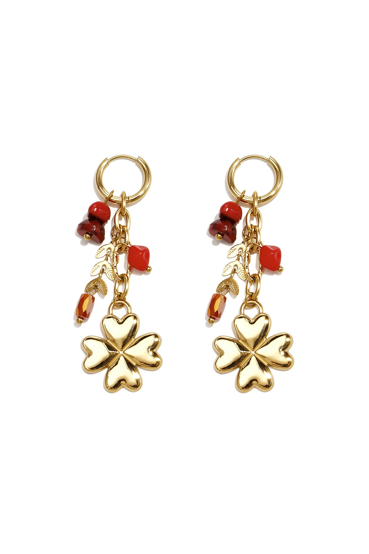 Small hoop earrings with hanging clover, beads and leaves