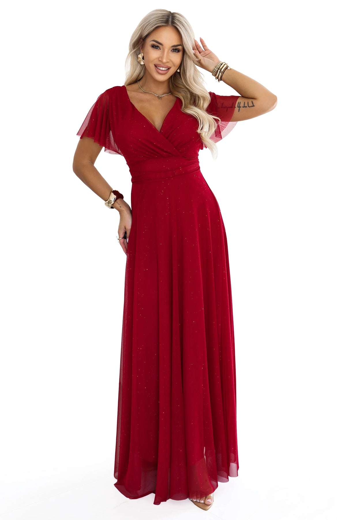 MELANIA Long glittery wedding dress with neckline and short sleeves – Light Burgundy