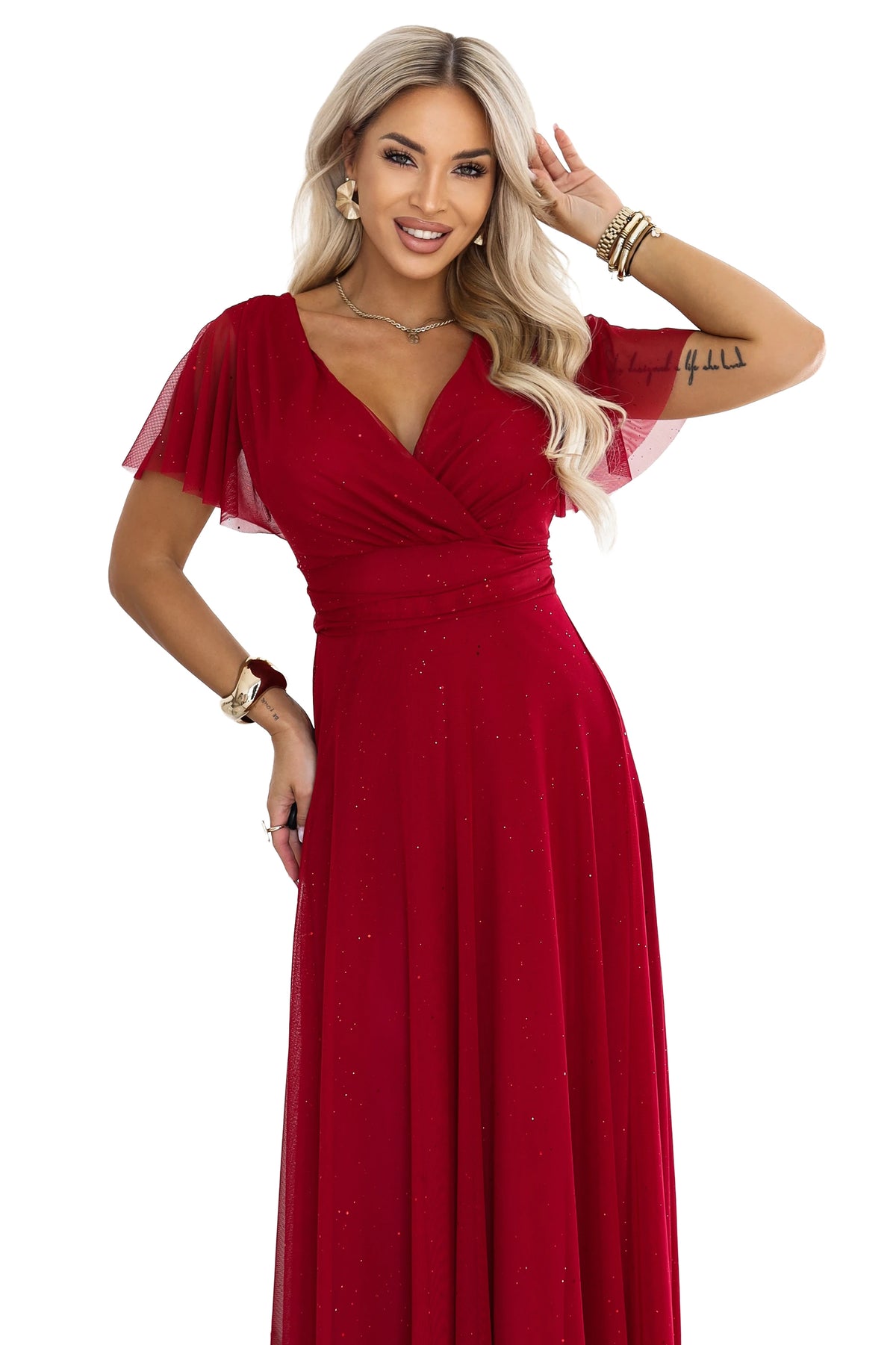 MELANIA Long glittery wedding dress with neckline and short sleeves – Light Burgundy