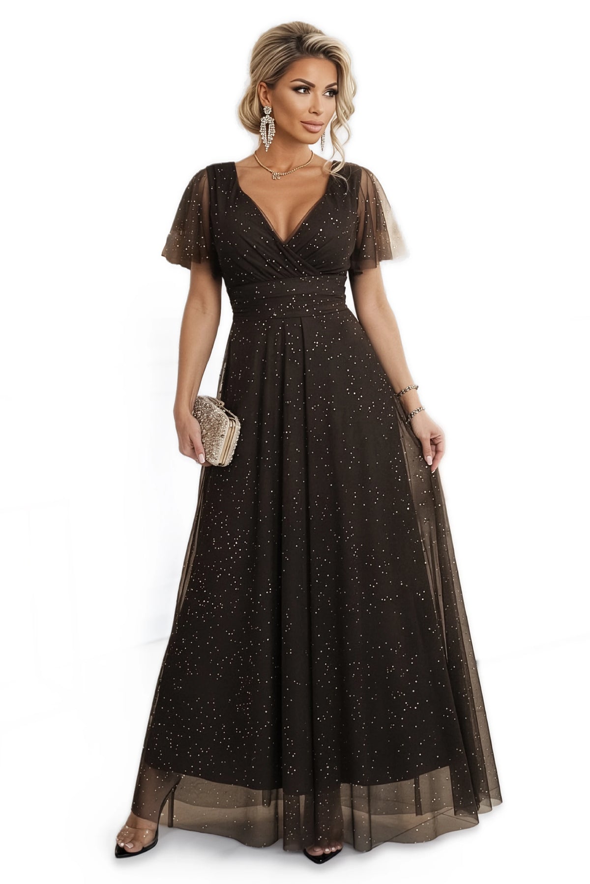 MELANIA long, shiny dress with a neckline and short sleeves – Chocolate