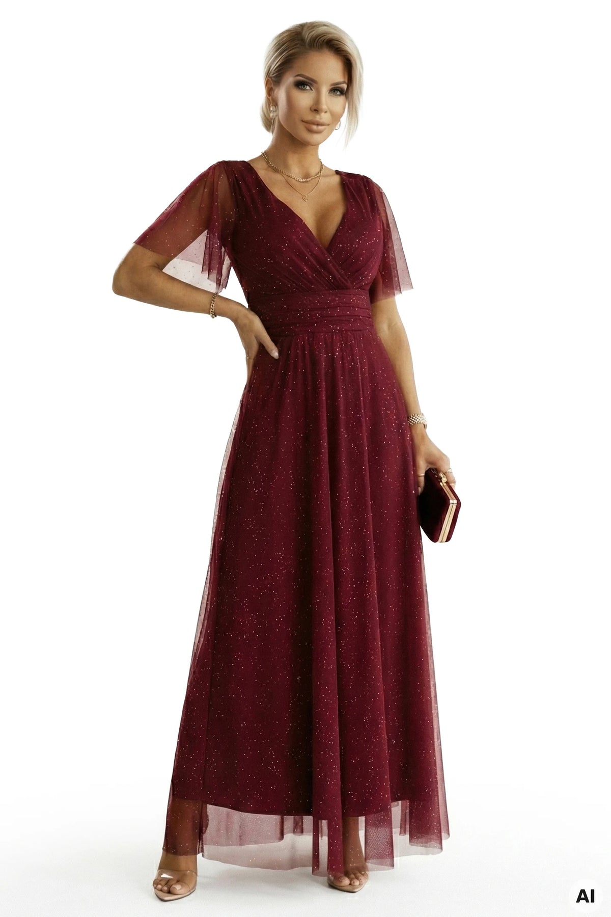 MELANIA long, shiny dress with a neckline and short sleeves – Burgundy